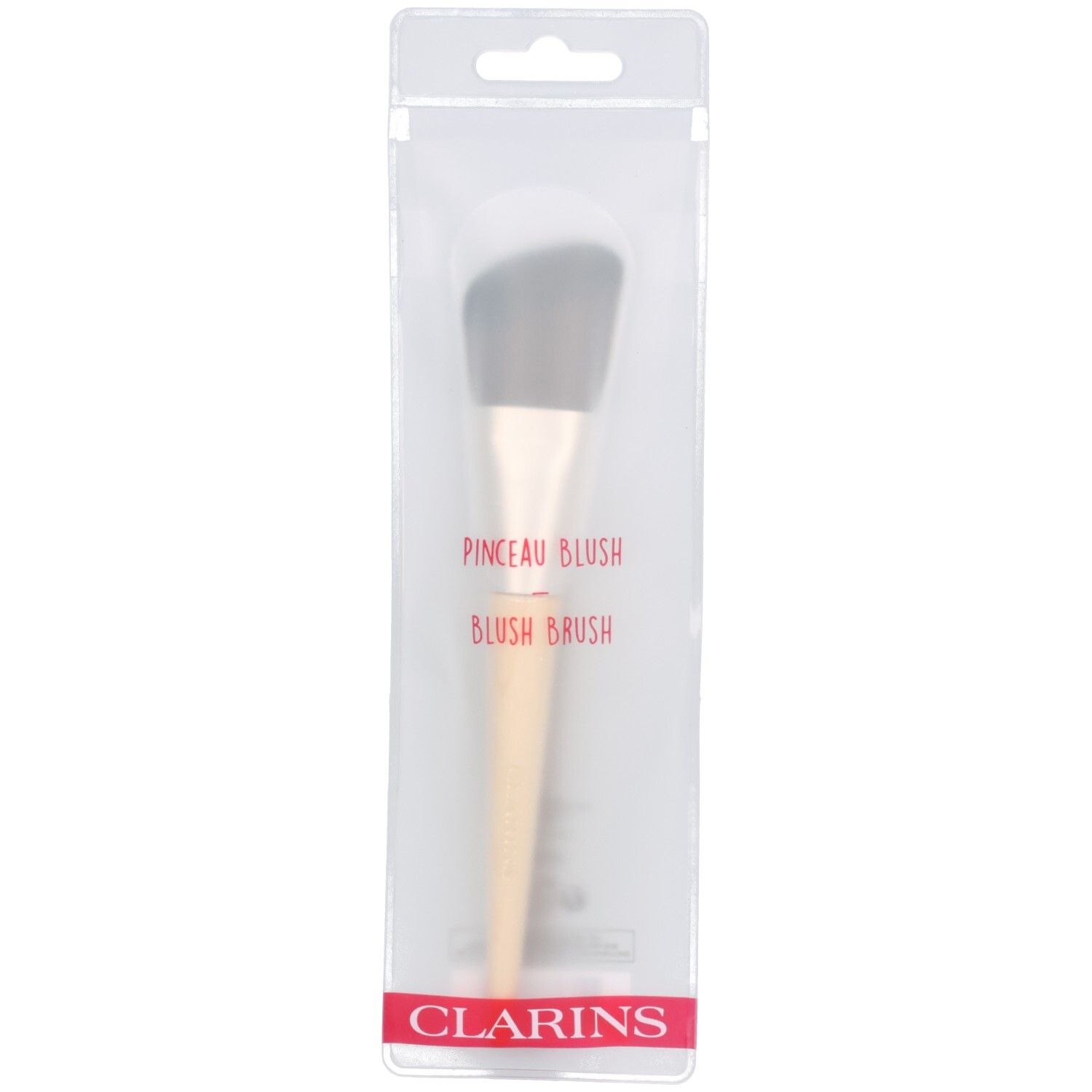 Clarins Pinceau Fond de Teint Multi-usage, pinceau de maquillage avec manche en bois clair et poils foncés, emballage transparent.