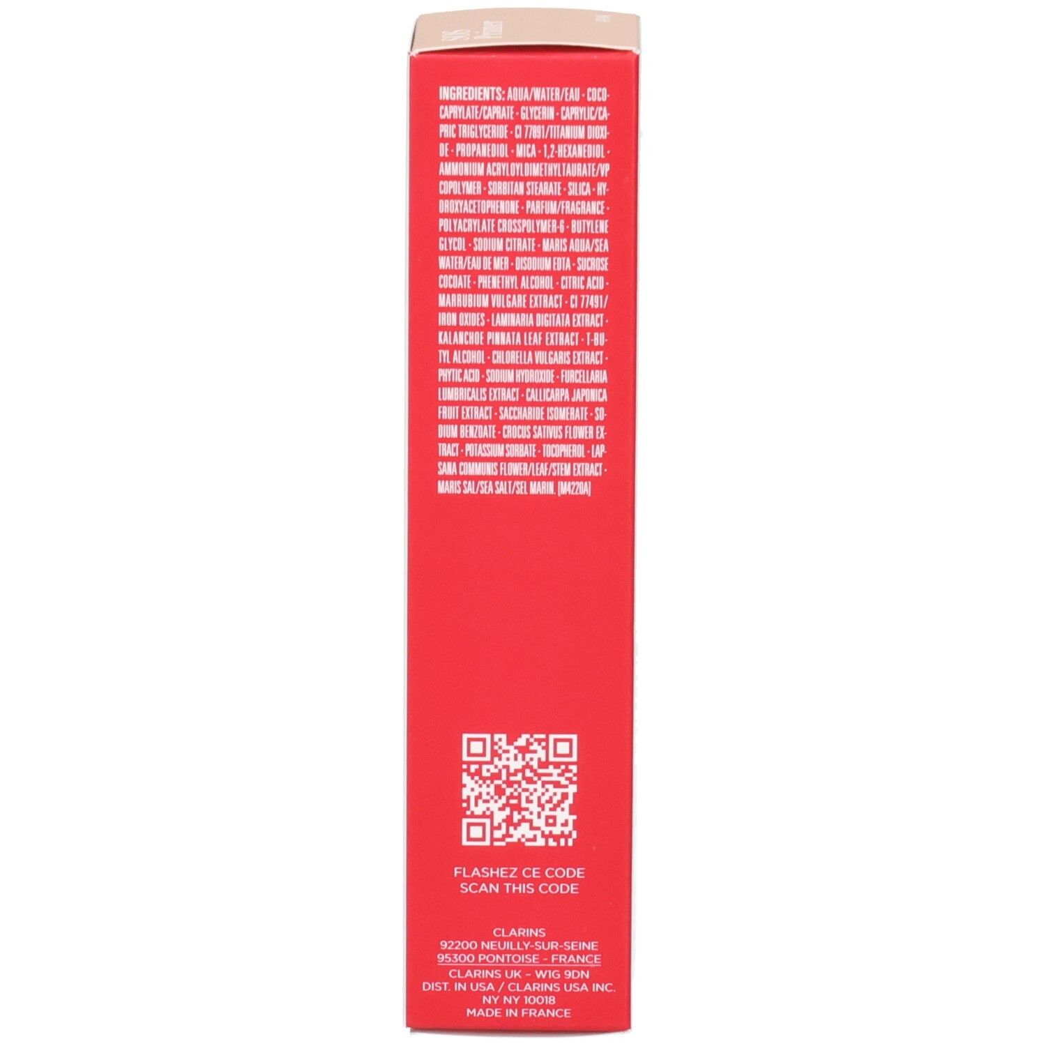 Côté de l'emballage Clarins SOS Primer Pink avec la liste des ingrédients et un code QR.