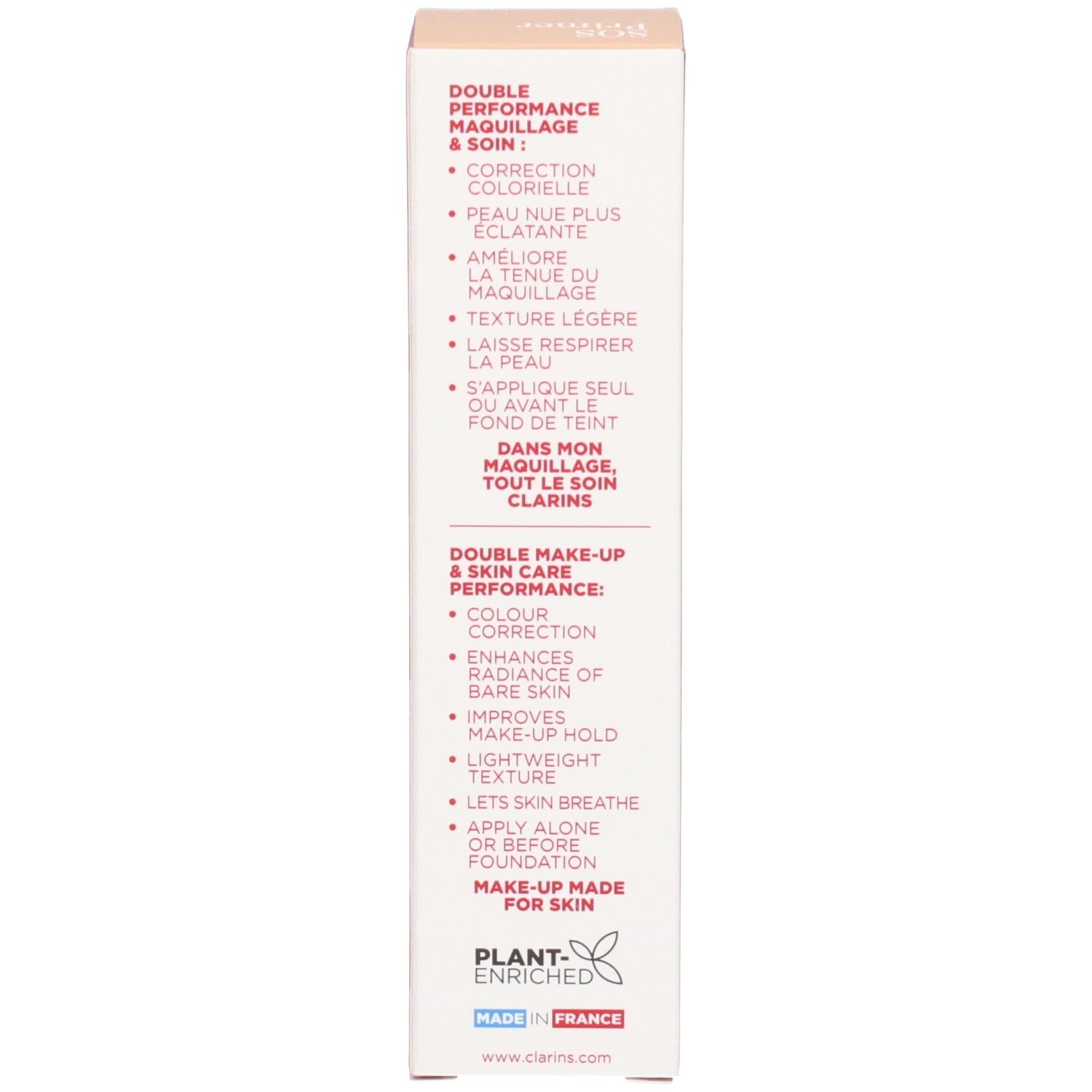 Côté de l'emballage Clarins SOS Primer Pink avec les avantages du produit en anglais et français.