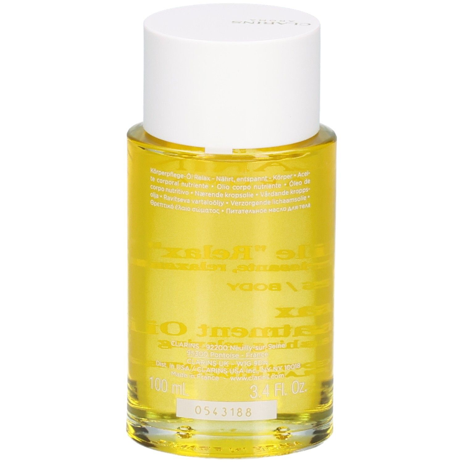 Bouteille Clarins Aroma Huile Relax, dos avec étiquette, huile jaune.