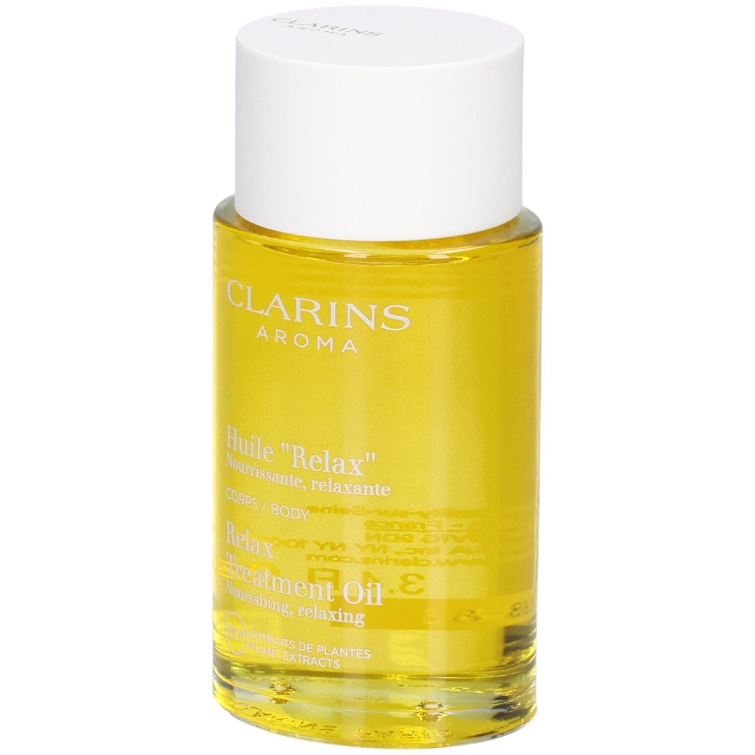 Bouteille Clarins Aroma Huile Relax avec bouchon blanc, huile jaune.