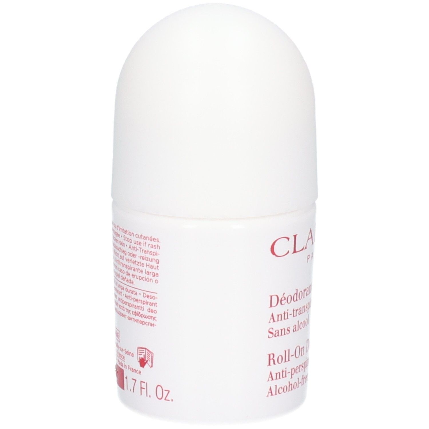 Déodorant Roll-On Clarins, vue latérale avec instructions d'utilisation.