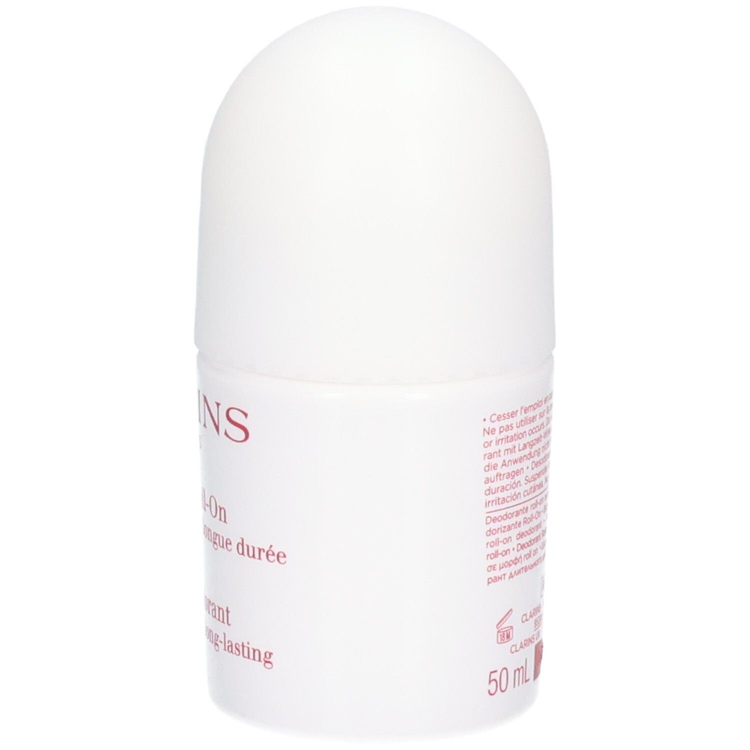 Déodorant Roll-On Clarins, vue latérale avec informations produit.
