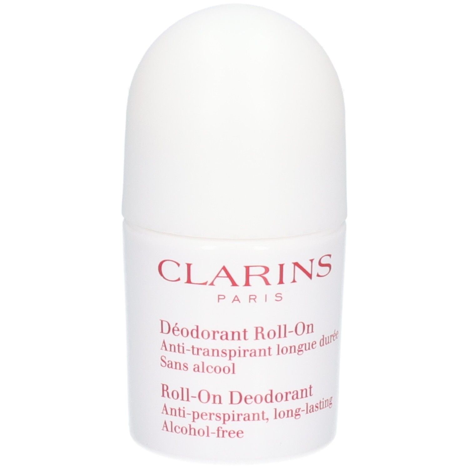 Déodorant Roll-On Clarins, flacon blanc avec inscription rouge.