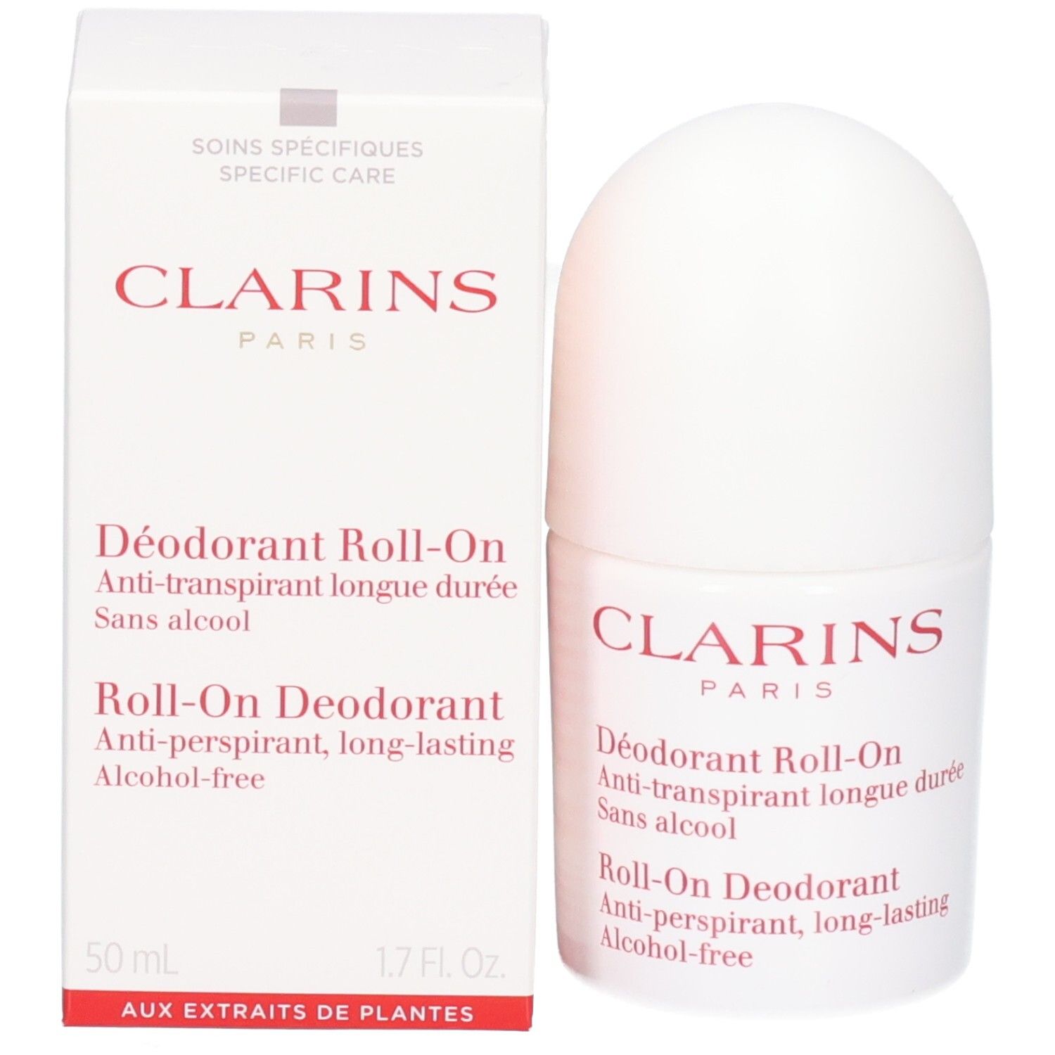 Déodorant Roll-On Clarins et son emballage, blanc avec inscription rouge.