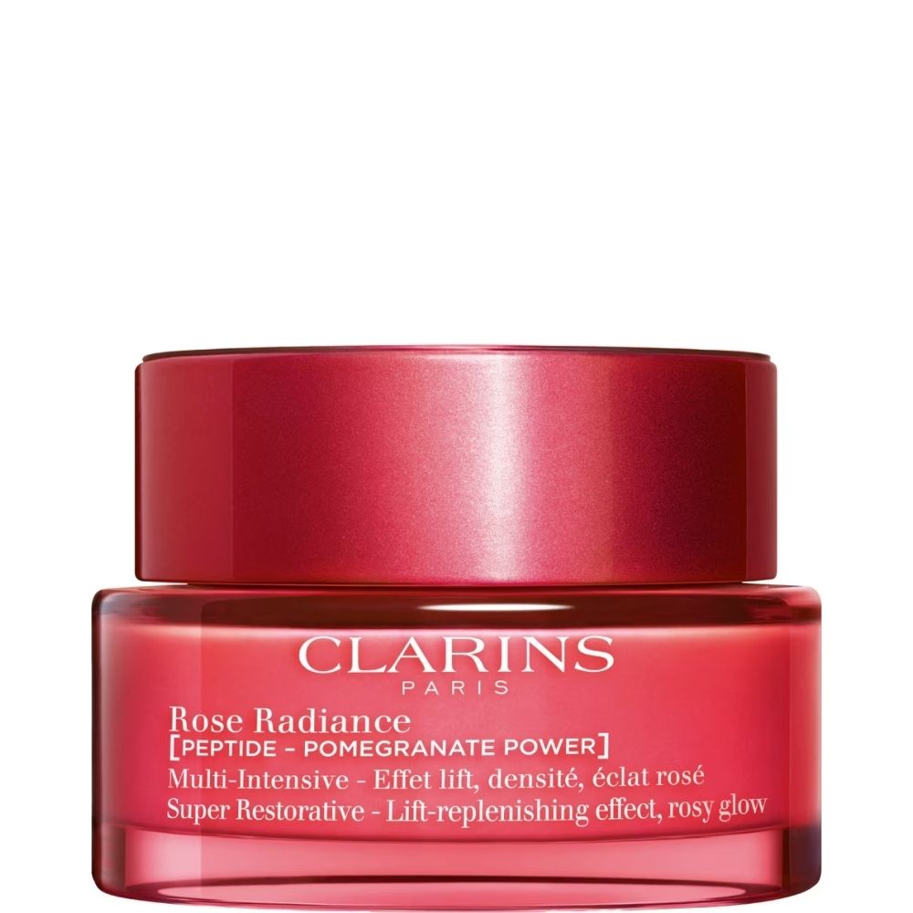 Clarins Rose Radiance gezichtscrème in rode pot.