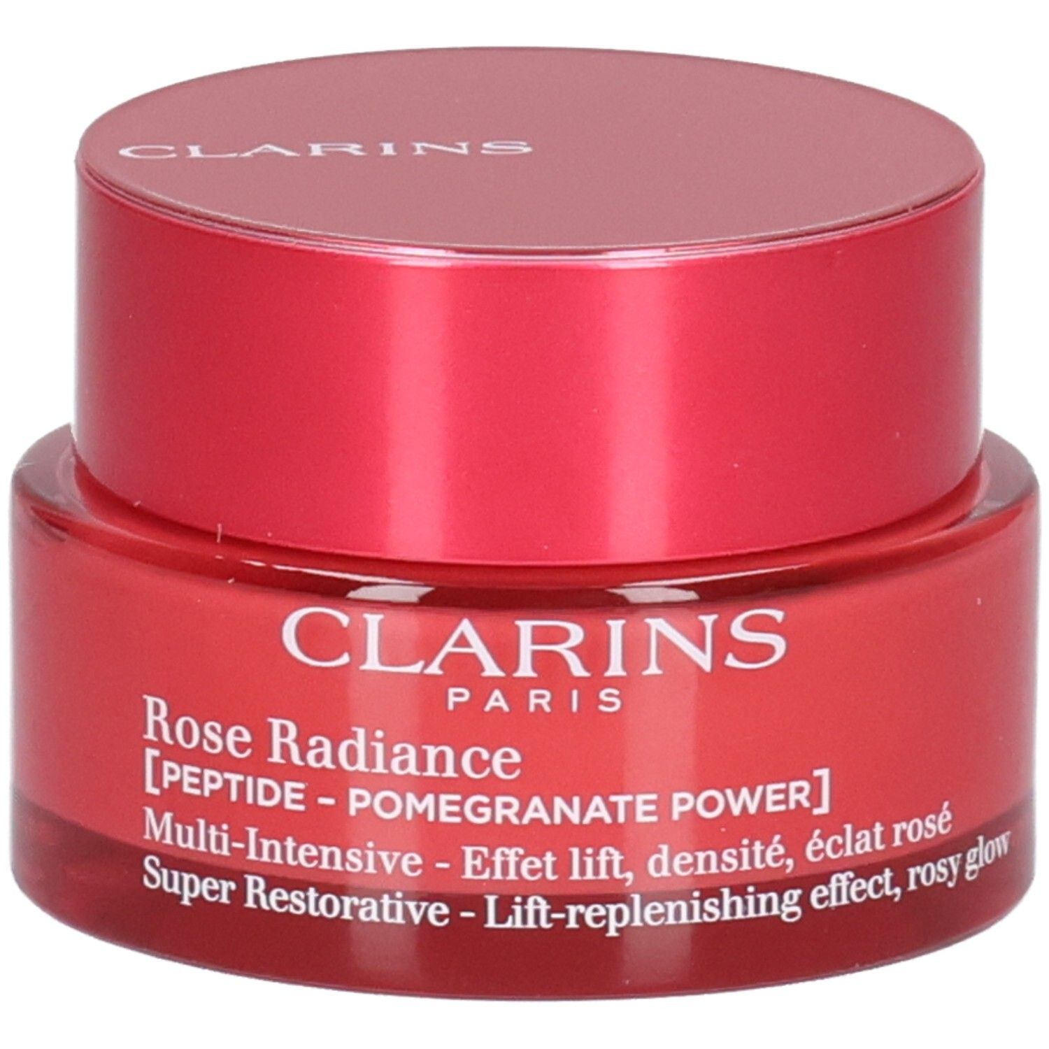 Clarins Rose Radiance gezichtscrème in rode pot.