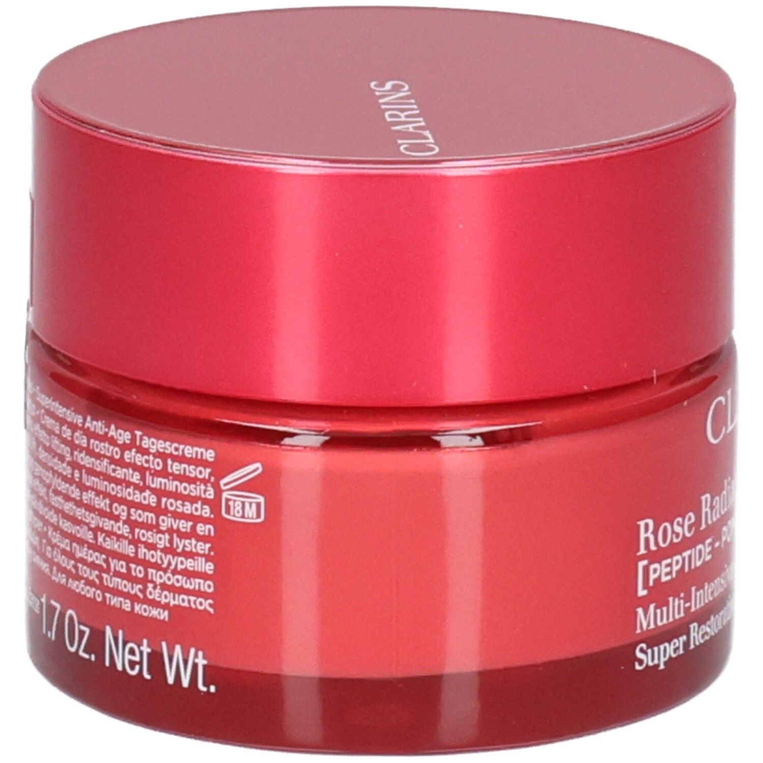 Clarins Rose Radiance gezichtscrème, zijaanzicht met etiket.