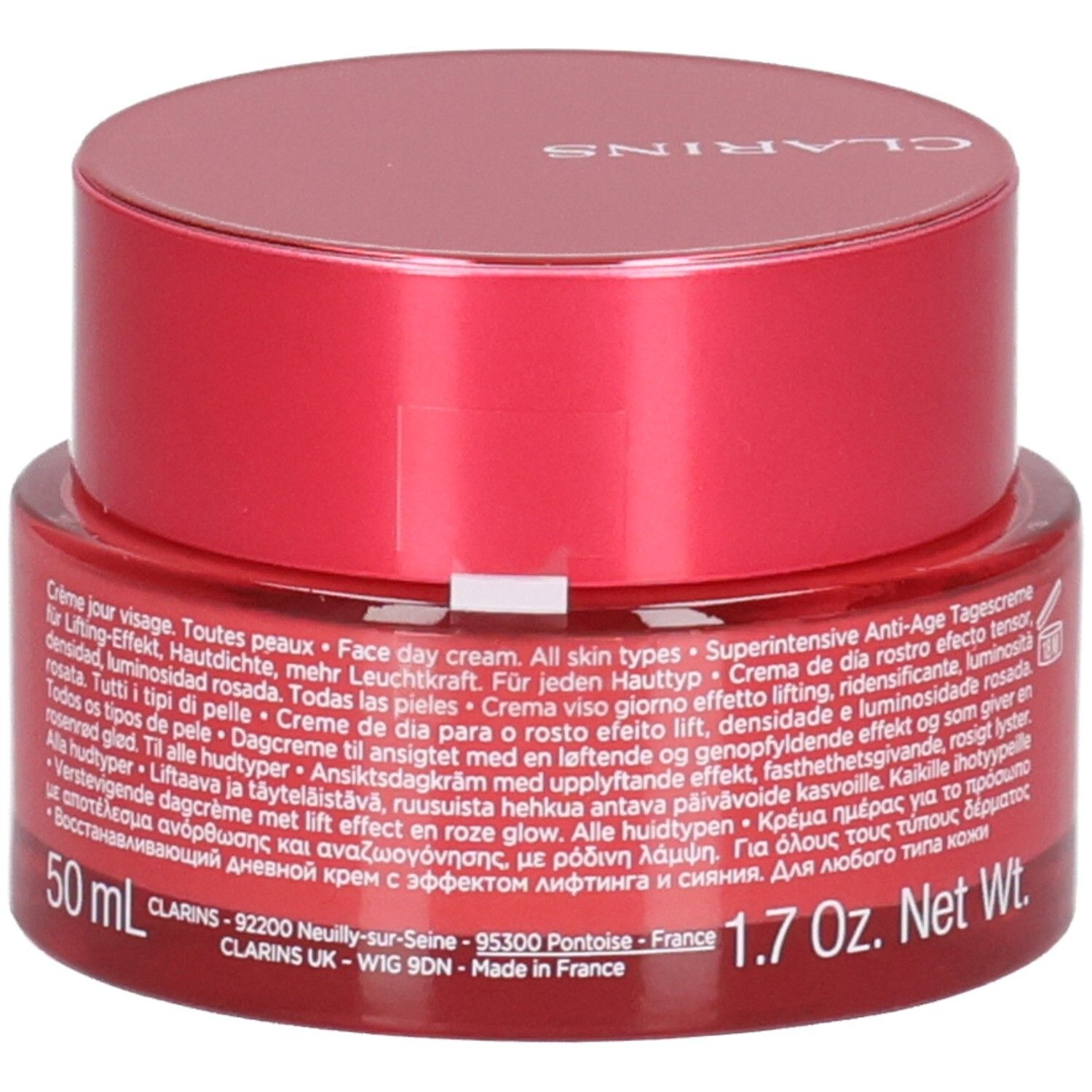 Clarins Rose Radiance gezichtscrème, 50 ml, met gedetailleerd etiket.