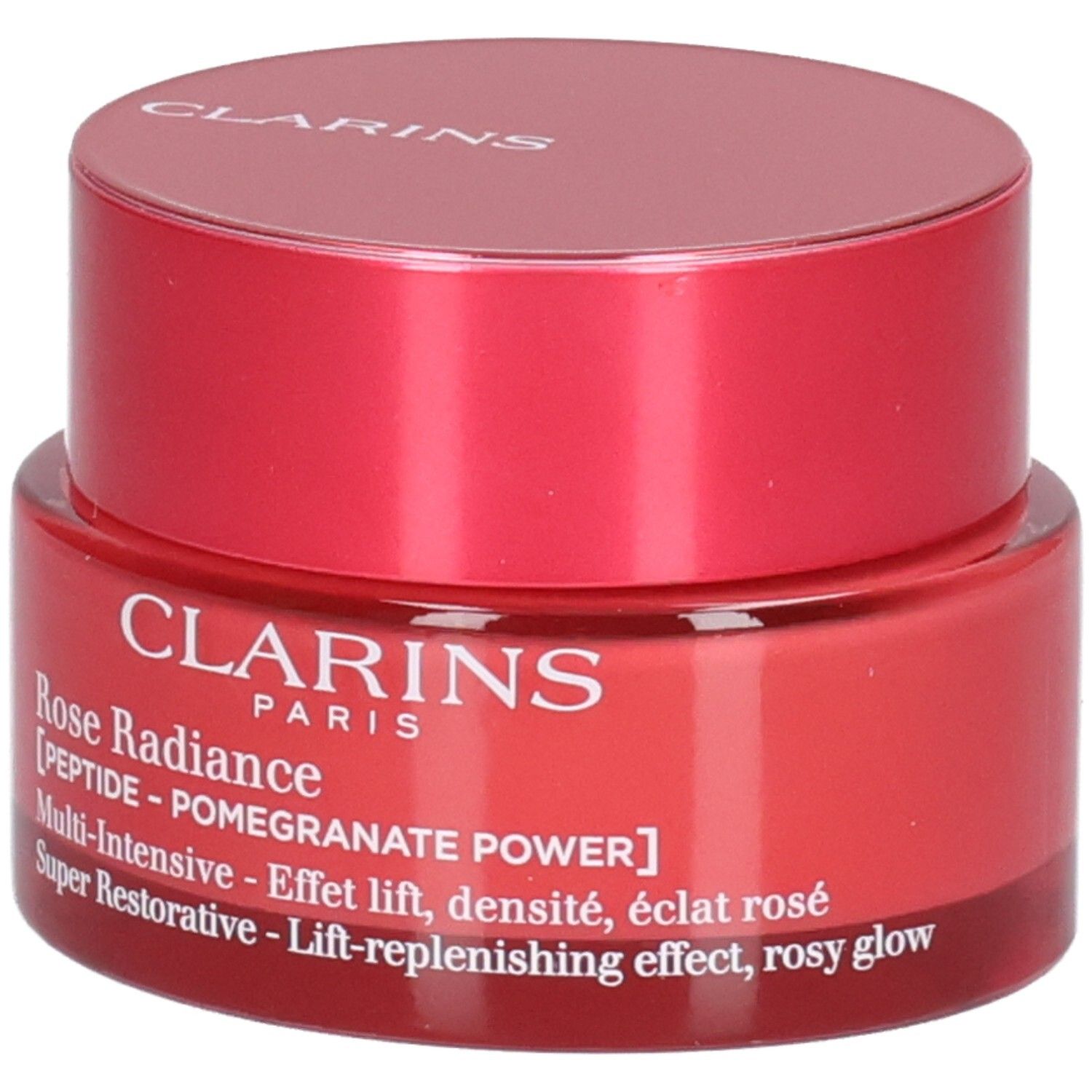 Clarins Rose Radiance gezichtscrème in rode pot.