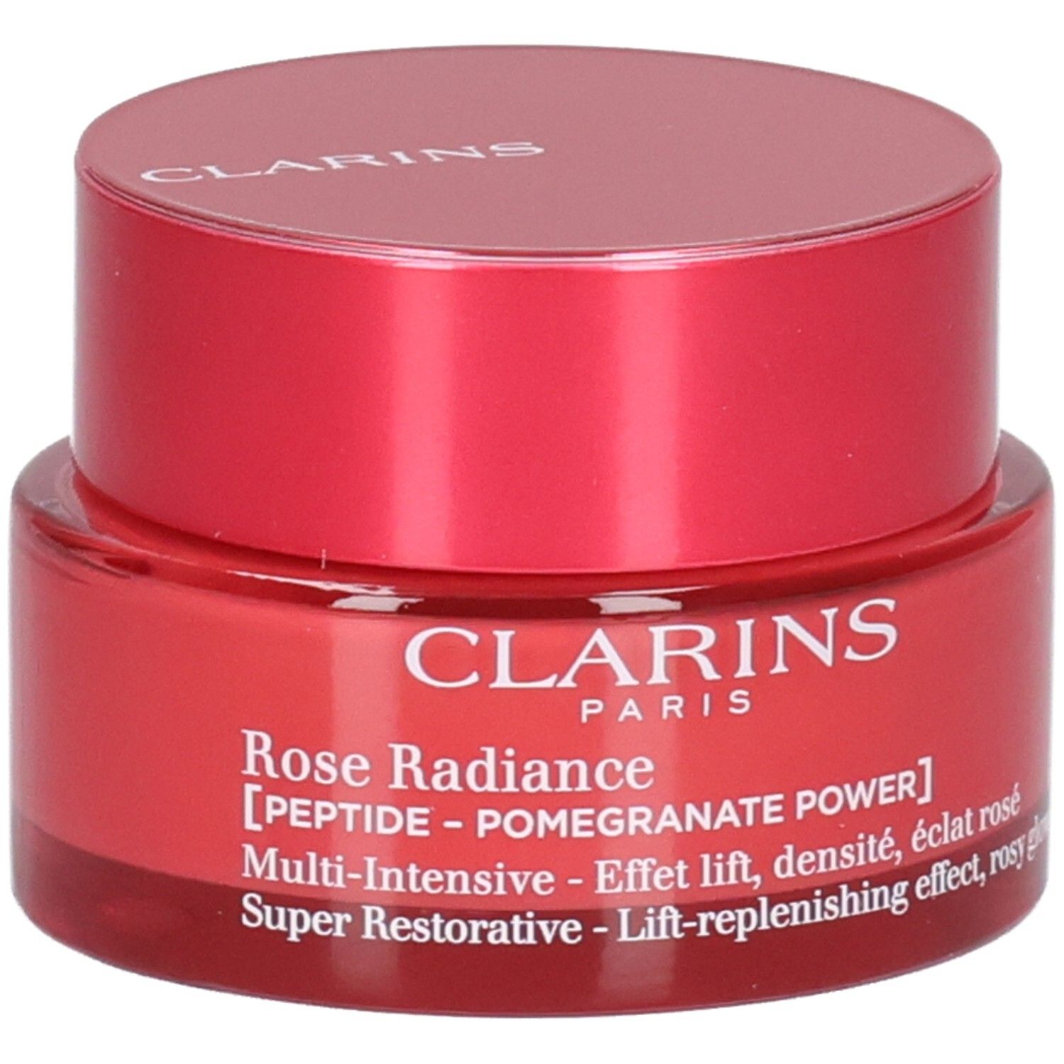 Clarins Rose Radiance gezichtscrème in rode pot.
