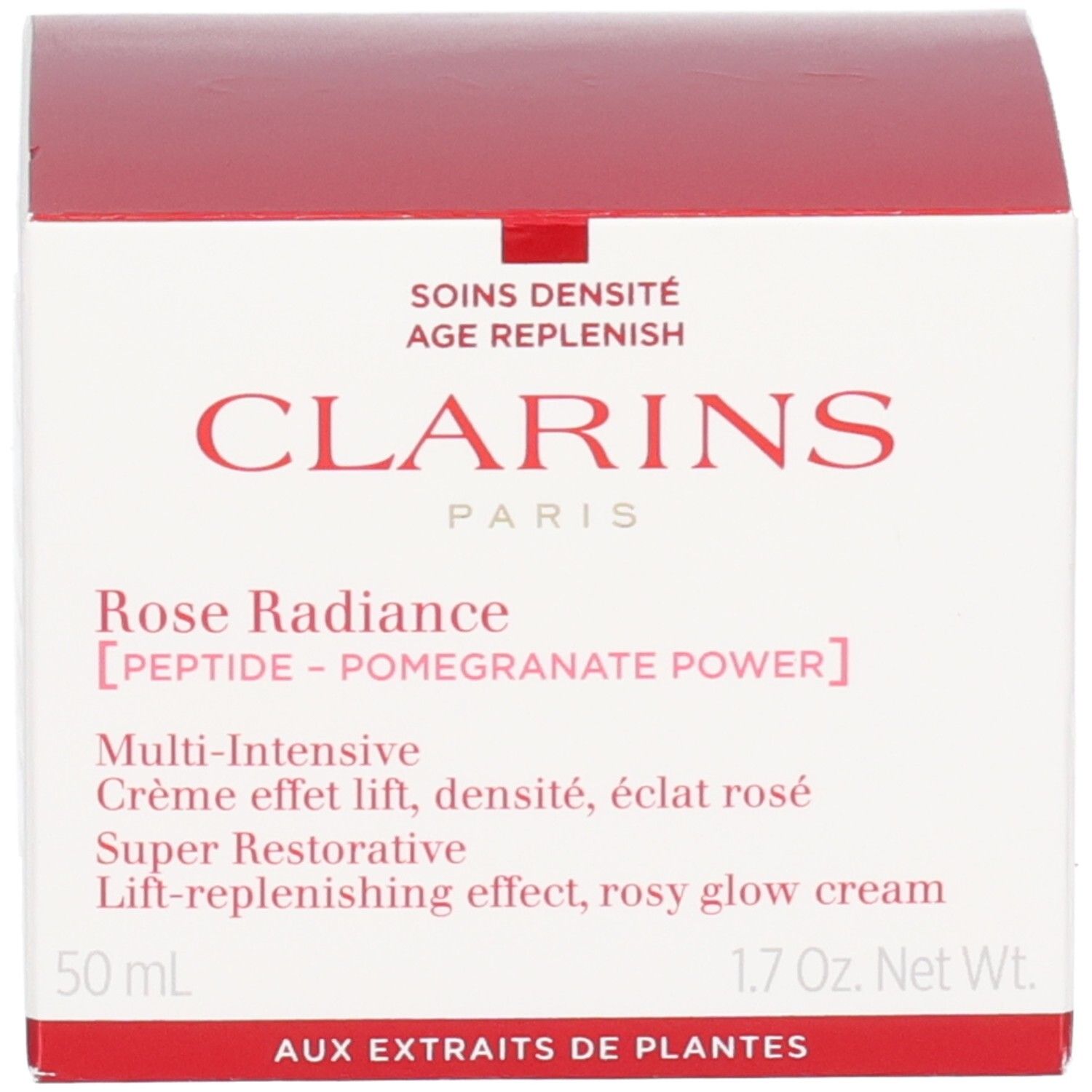 Clarins Rose Radiance gezichtscrème en doosje, voorkant.