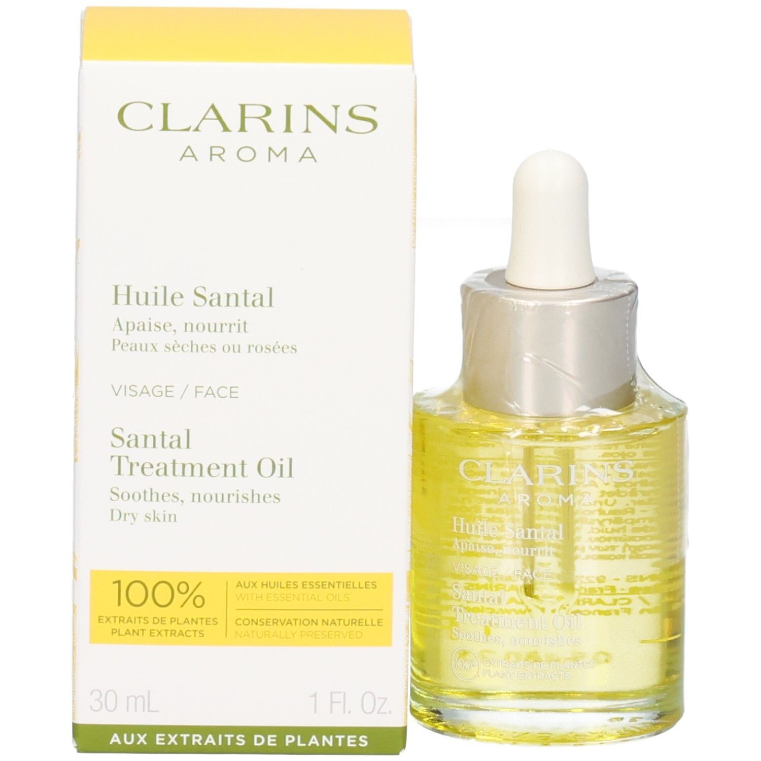 Clarins Santal Gezichtsolie fles en verpakking. Gele olie in glazen fles met pipet.