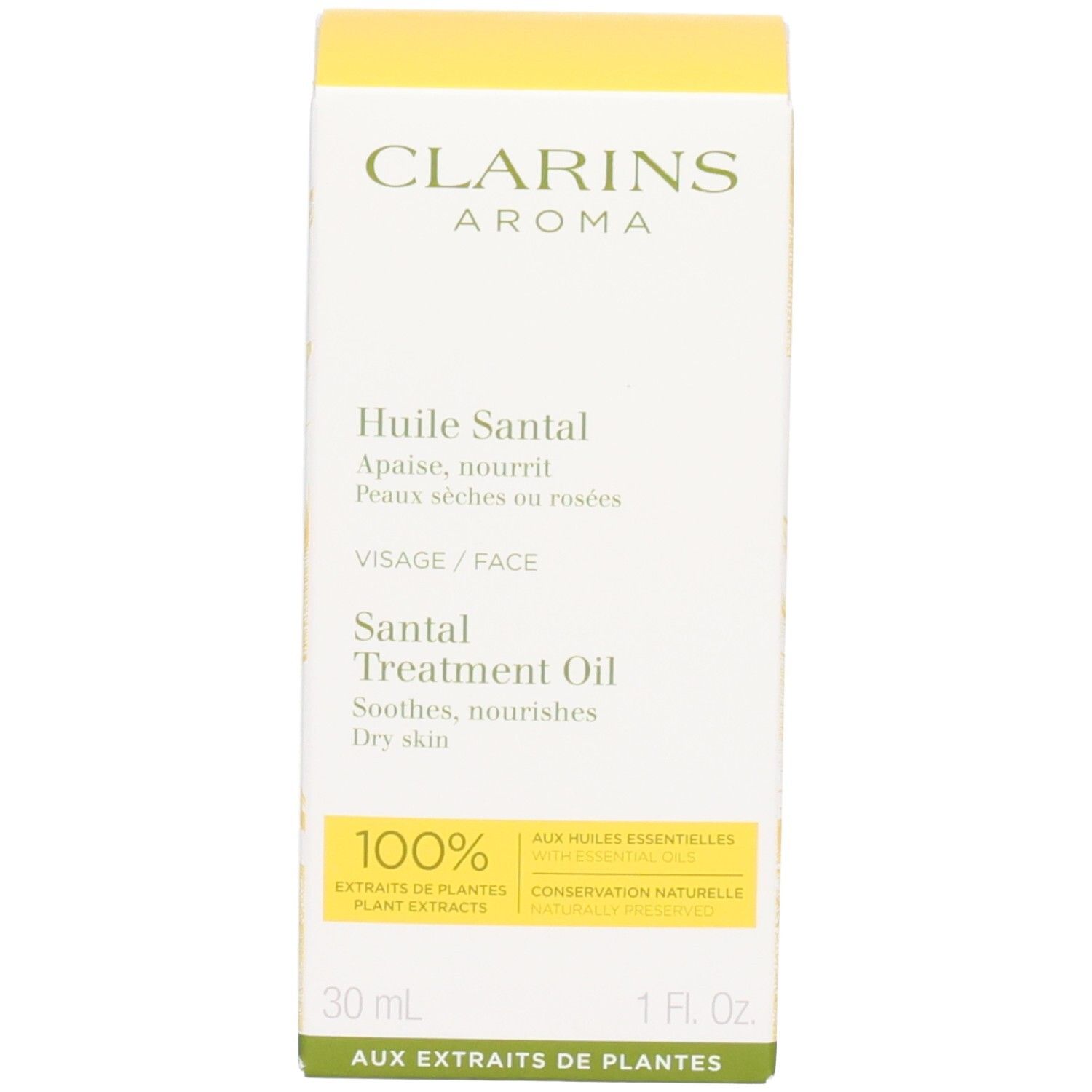 Clarins Santal Gezichtsolie fles en verpakking. Gele olie in glazen fles met pipet.