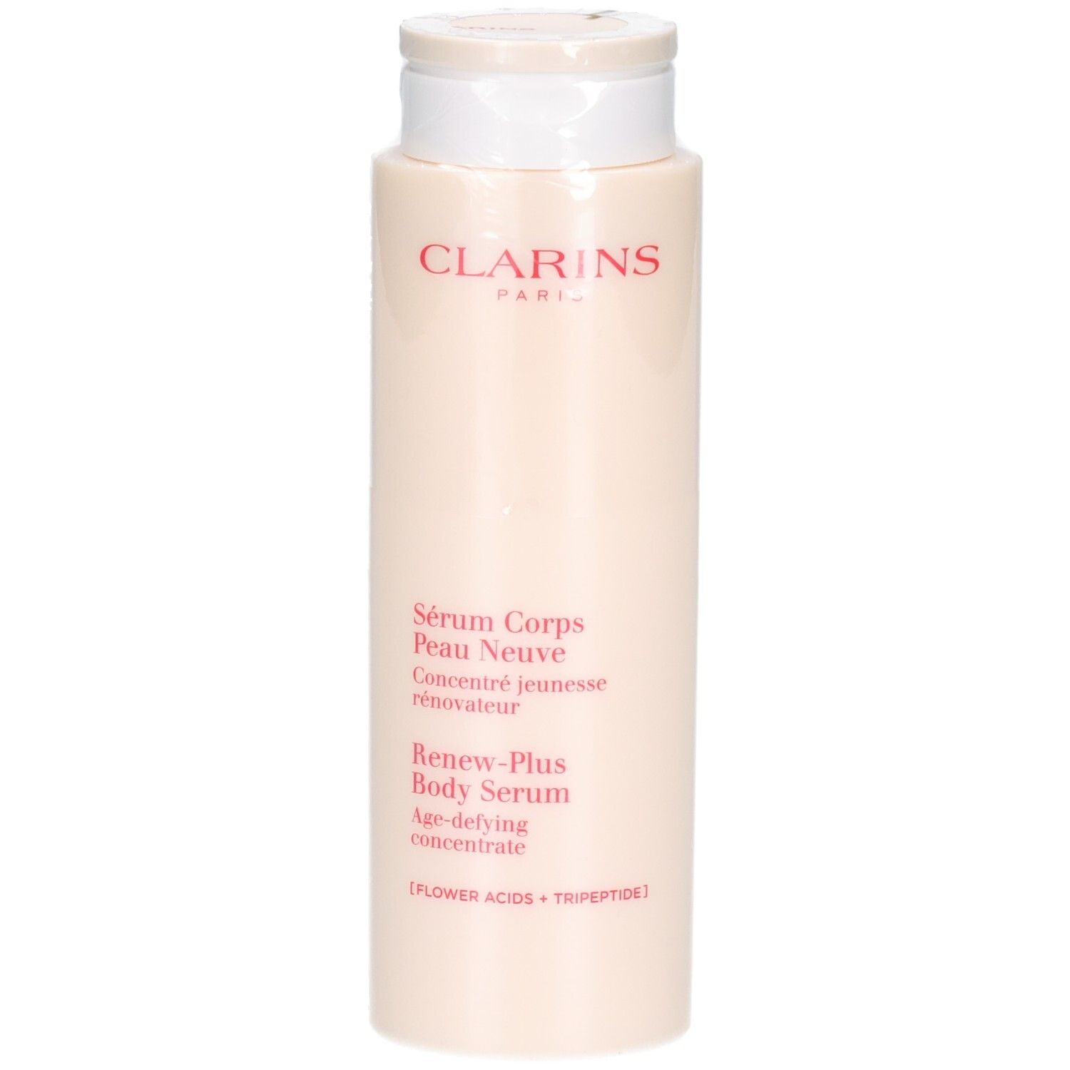 Clarins lichaamsserum, 200ml, met klapdeksel. Tekst in het Nederlands, Engels en Duits.