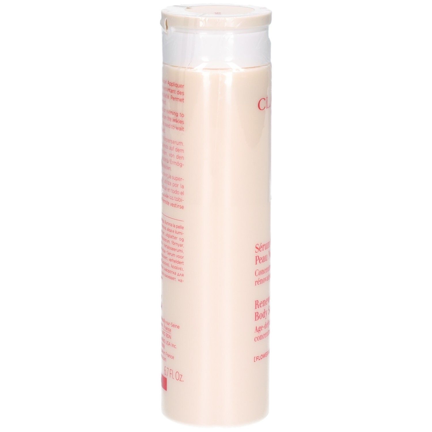 Clarins lichaamsserum, 200ml, zijaanzicht. Tekst in het Nederlands, Engels en Duits.