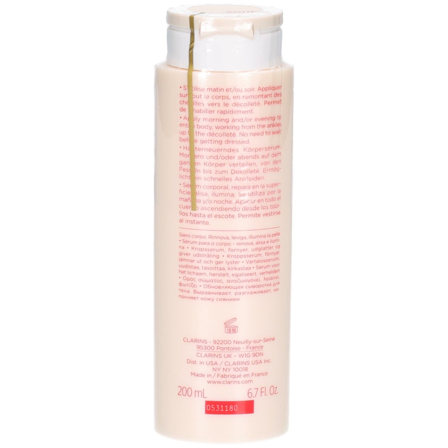 Clarins lichaamsserum, 200ml, achterkant met gebruiksaanwijzing en productinformatie.