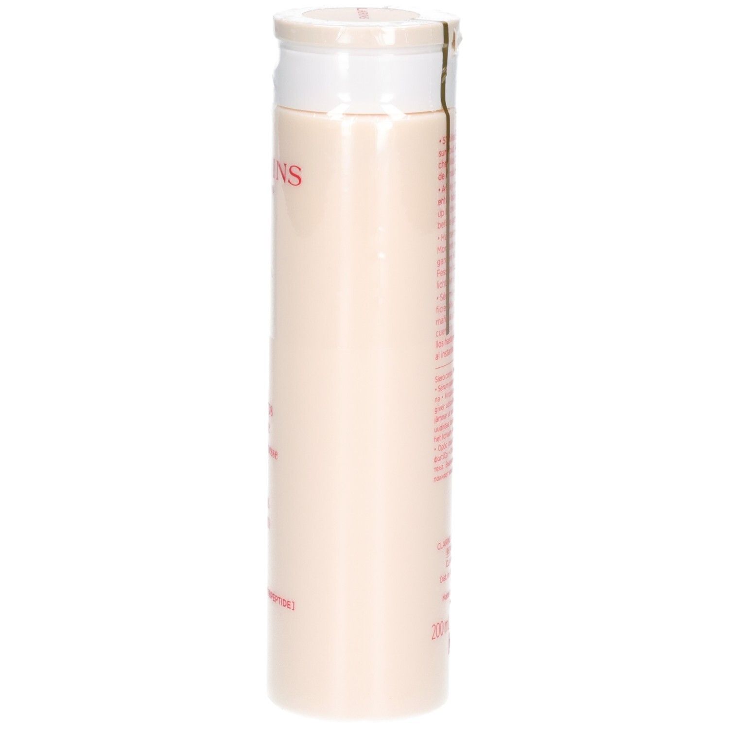 Clarins lichaamsserum, 200ml, zijaanzicht. Tekst in het Nederlands, Engels en Duits.