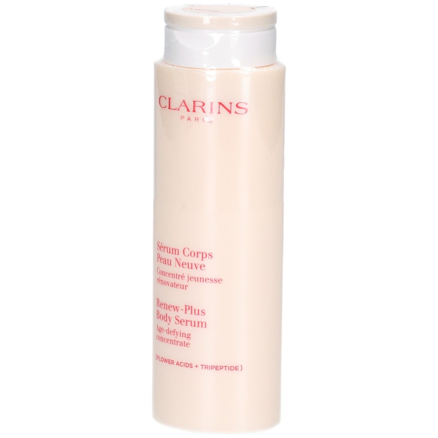 Clarins lichaamsserum, 200ml, met klapdeksel. Tekst in het Nederlands, Engels en Duits.