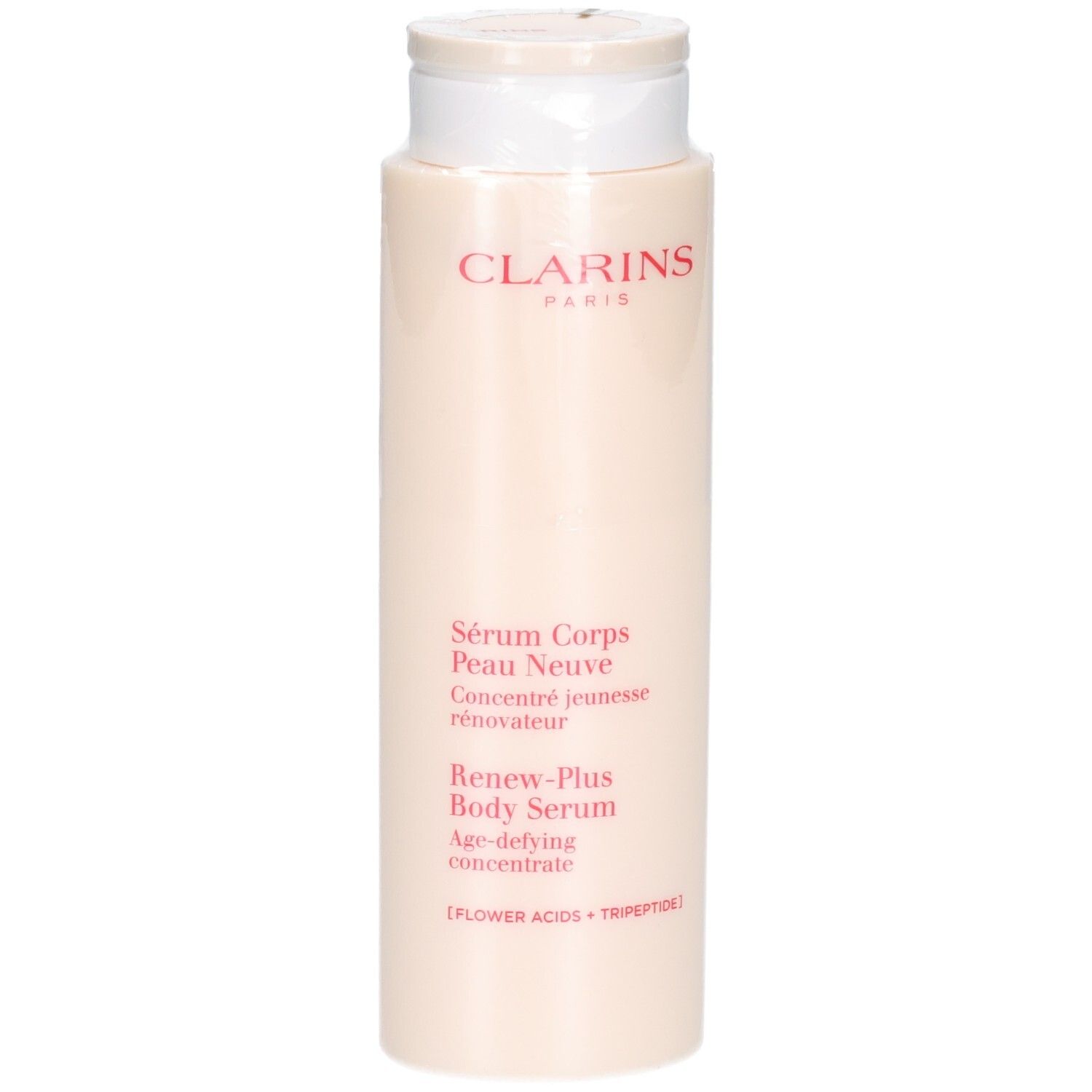 Clarins lichaamsserum, 200ml, met klapdeksel. Tekst in het Nederlands, Engels en Duits.