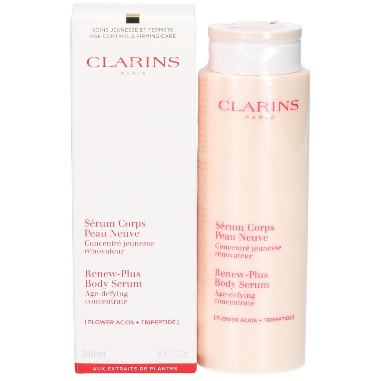 Clarins lichaamsserum en verpakking, 200ml. Tekst in het Nederlands, Engels en Duits.