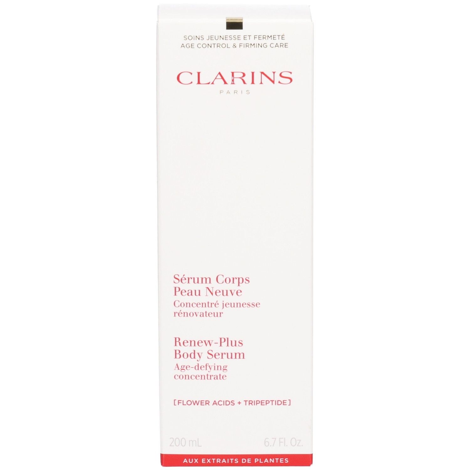 Clarins lichaamsserum verpakking, 200ml. Tekst in het Nederlands, Engels en Duits.
