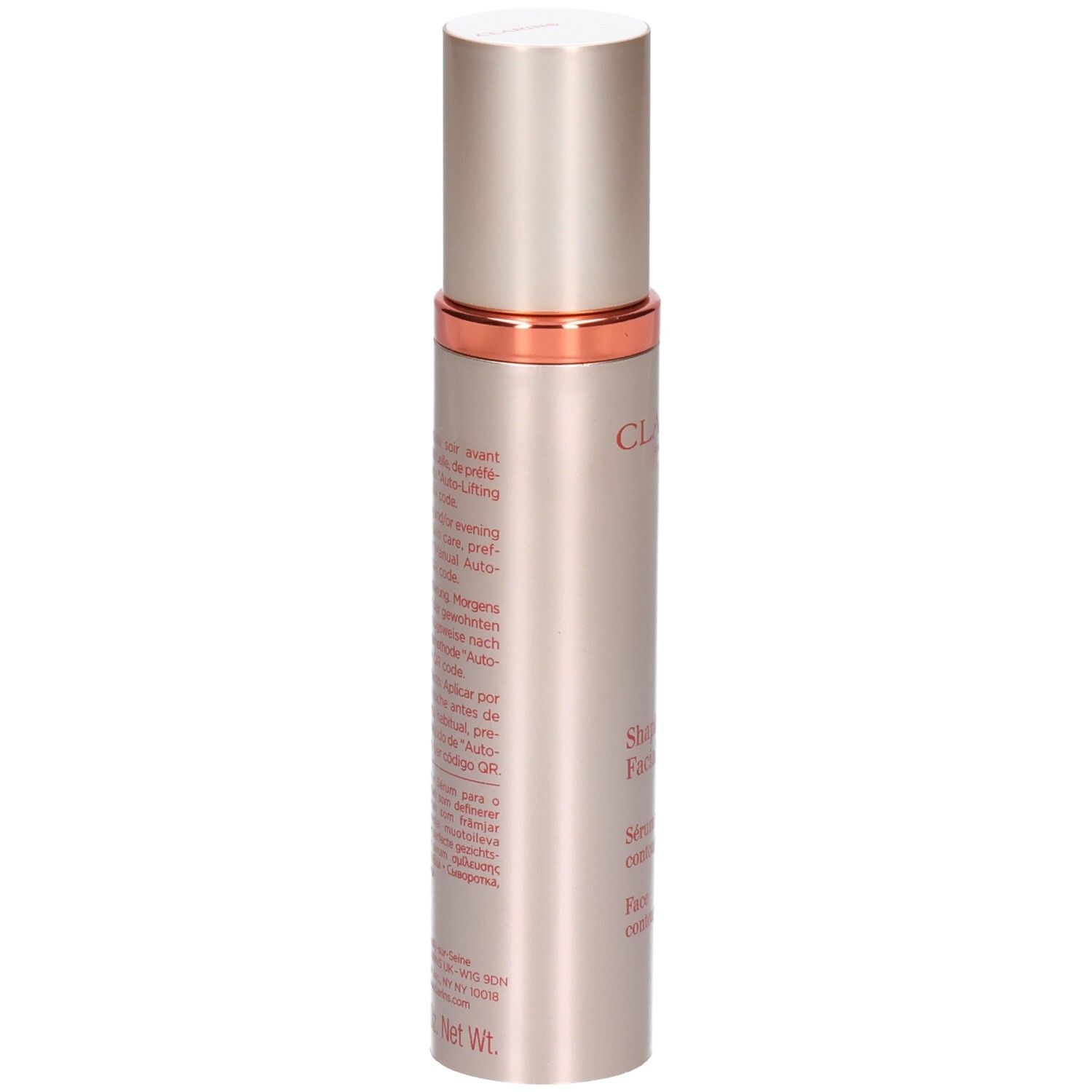 Flacon Clarins avec pompe, verso avec instructions d'utilisation.