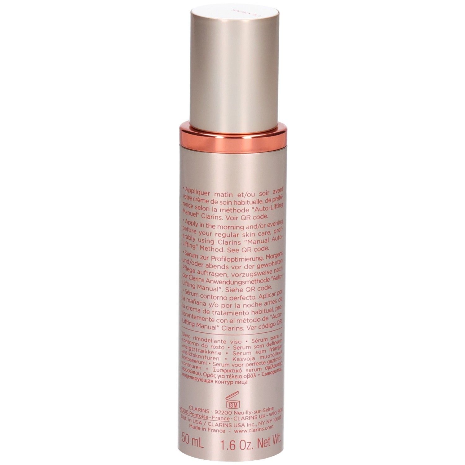 Flacon Clarins avec pompe, verso avec instructions et informations.