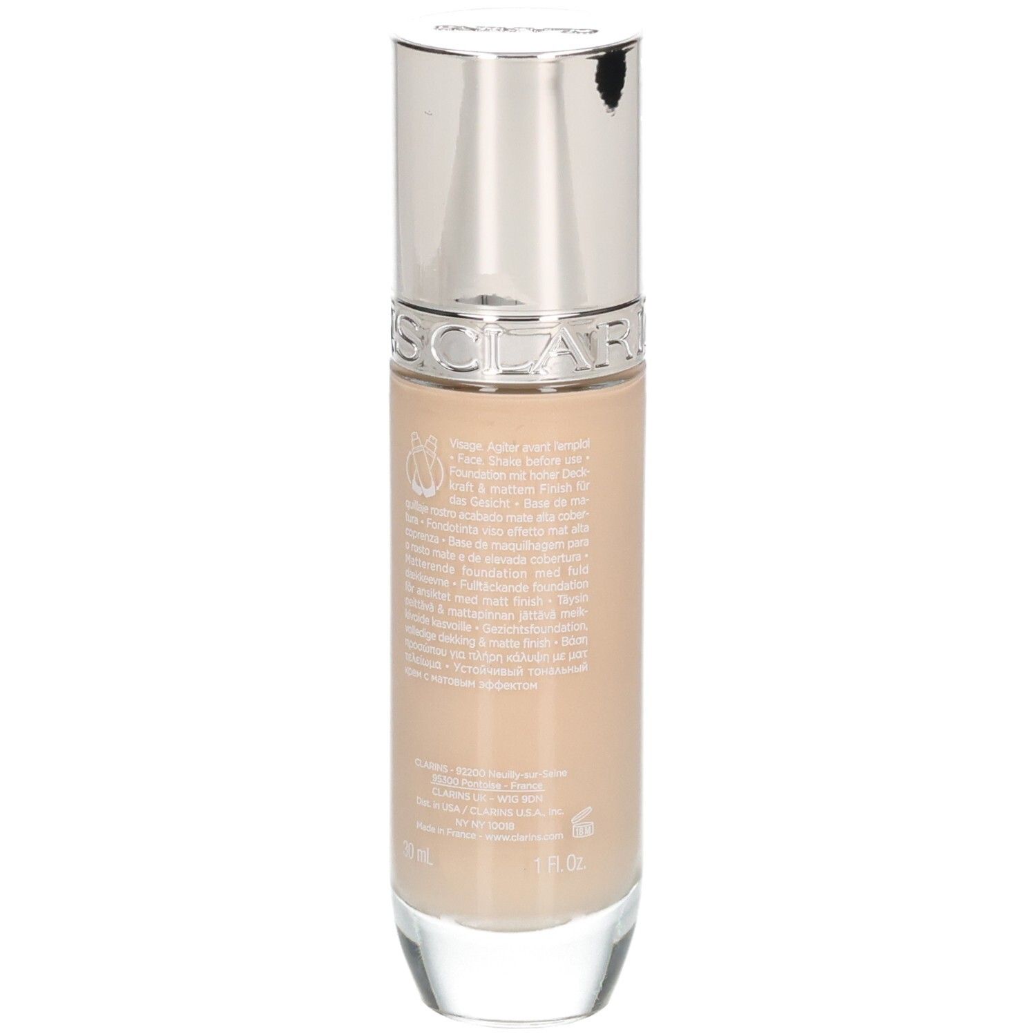 Fond de teint Clarins Skin Illusion Full Coverage en flacon, dos avec informations.
