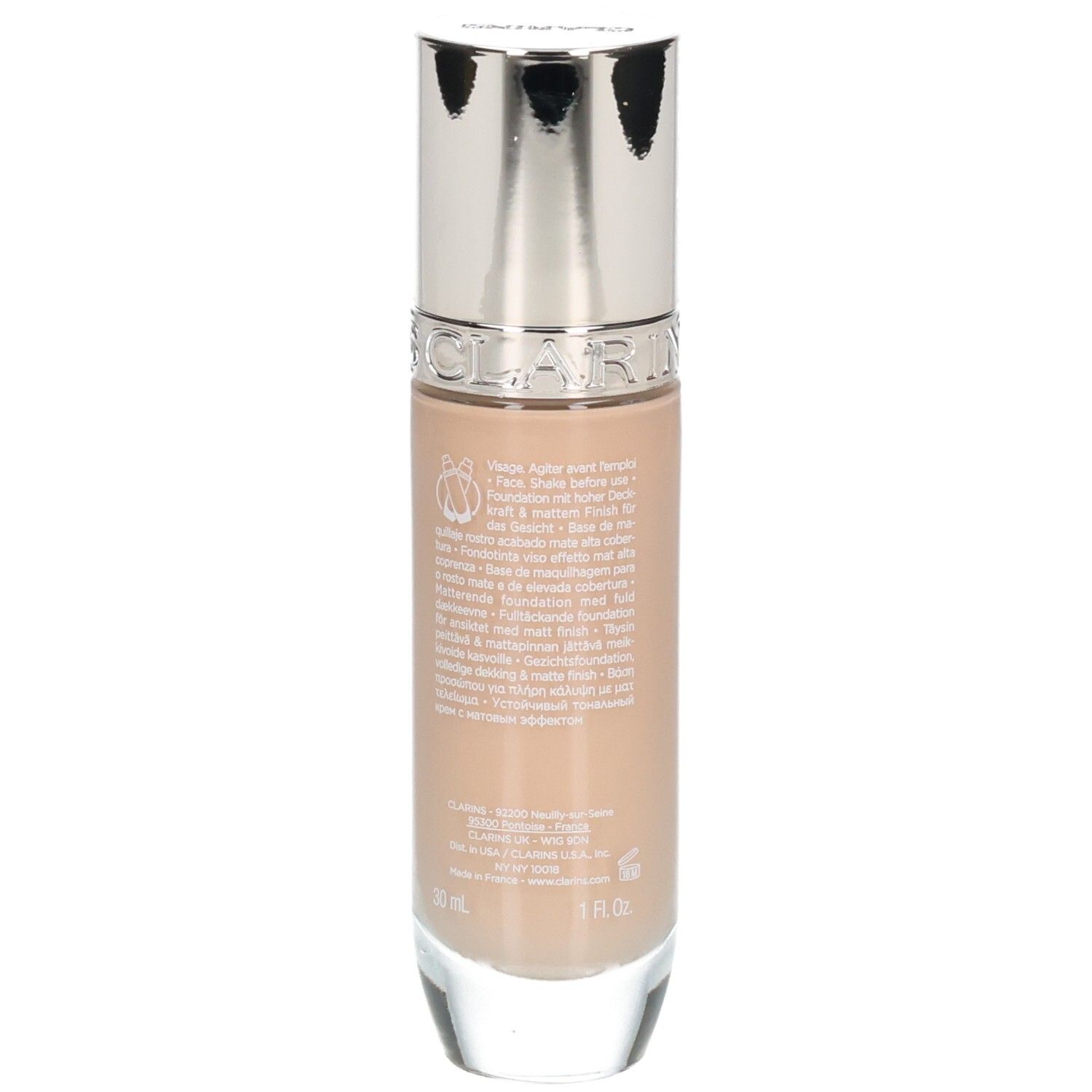 Achterkant van de Clarins Skin Illusion Full Coverage Foundation fles, tint 107C.