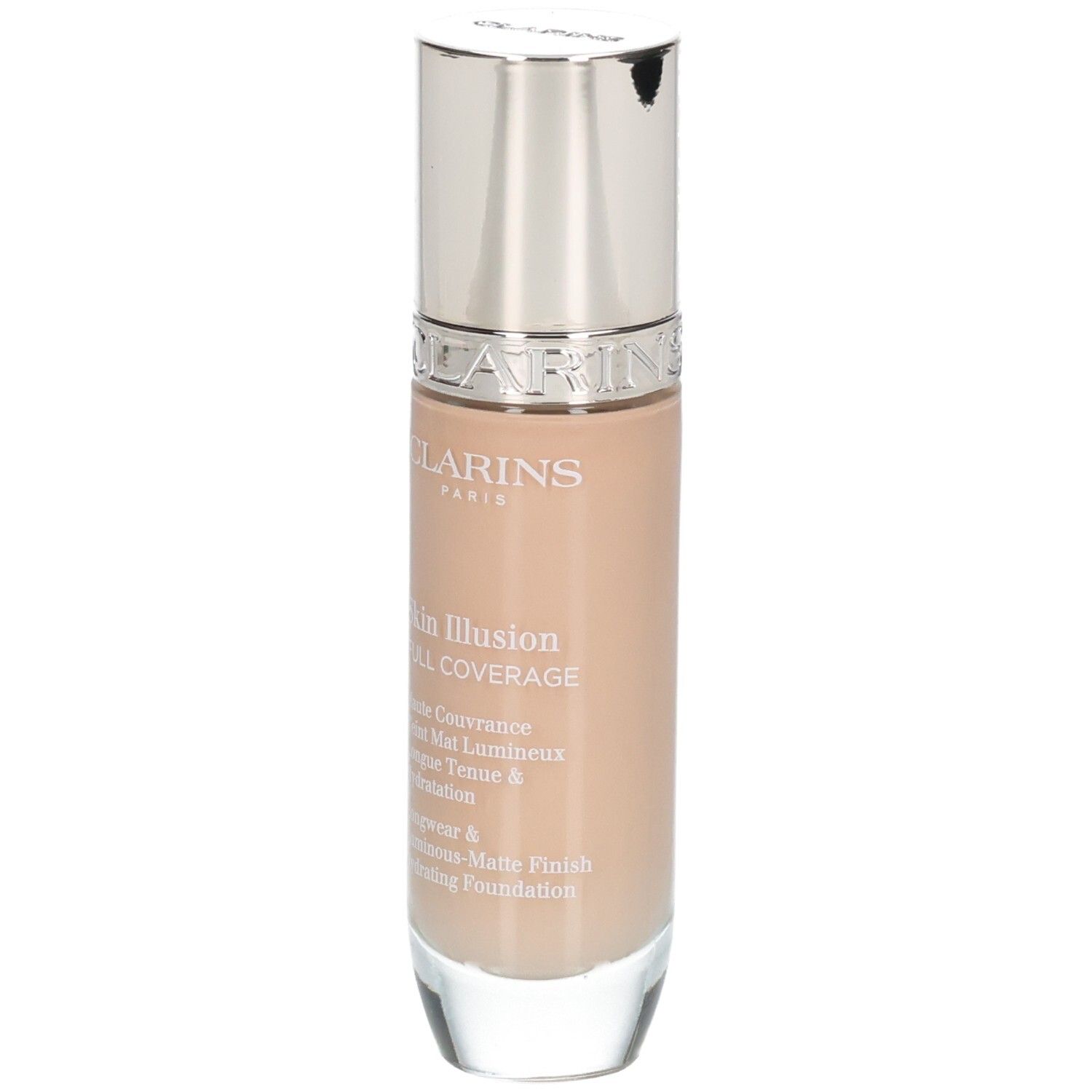 Clarins Skin Illusion Full Coverage Foundation in fles, tint 107C, vooraanzicht.