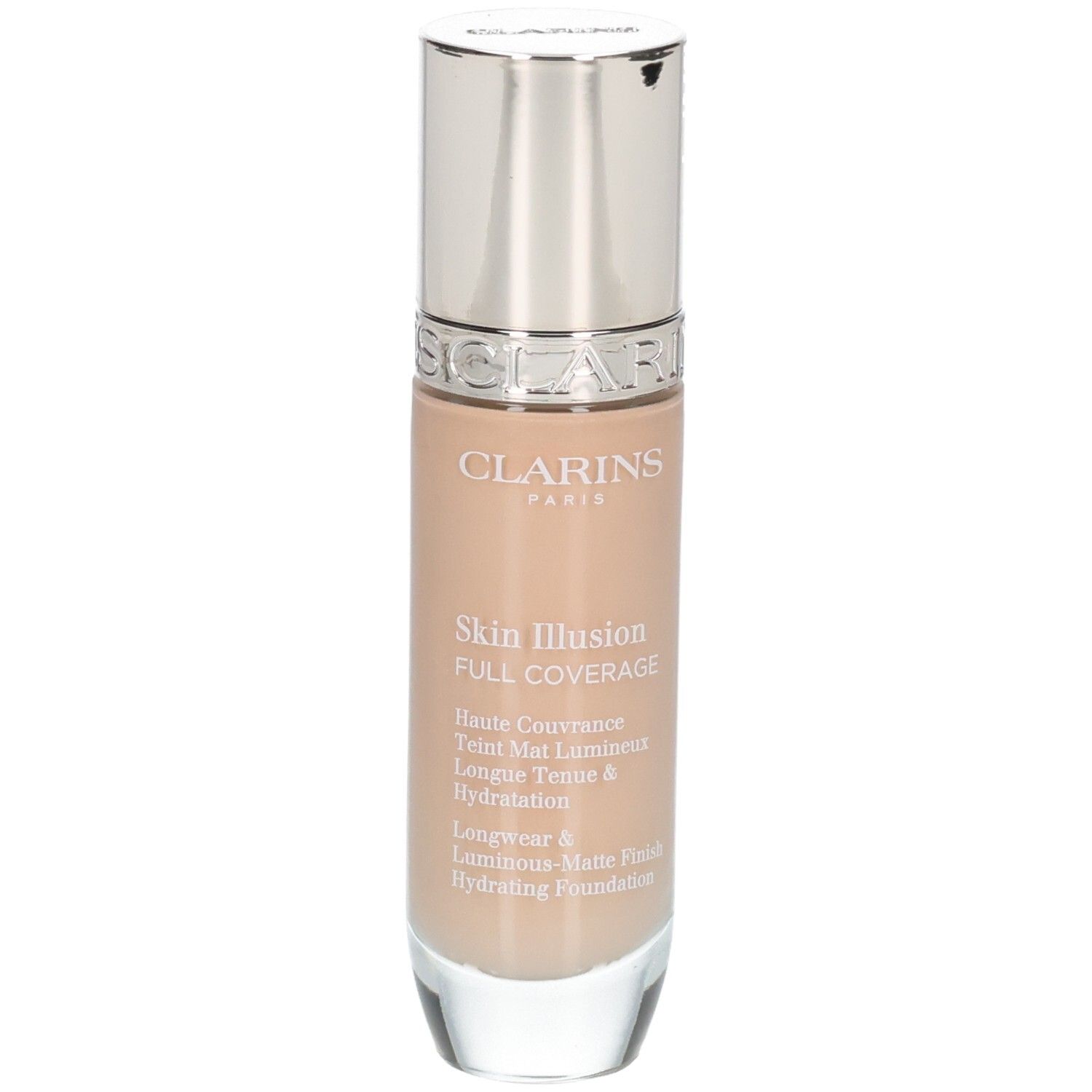 Clarins Skin Illusion Full Coverage Foundation, fles met zilveren dop, tint 107C.