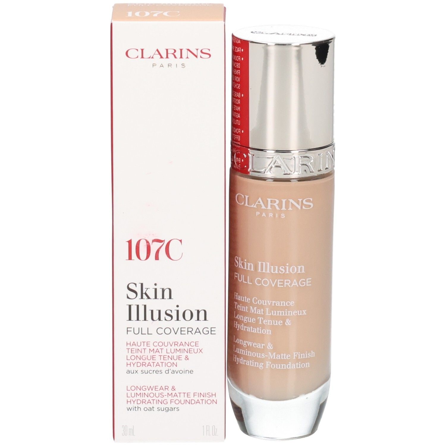 Clarins Skin Illusion Full Coverage Foundation 107C met verpakking.