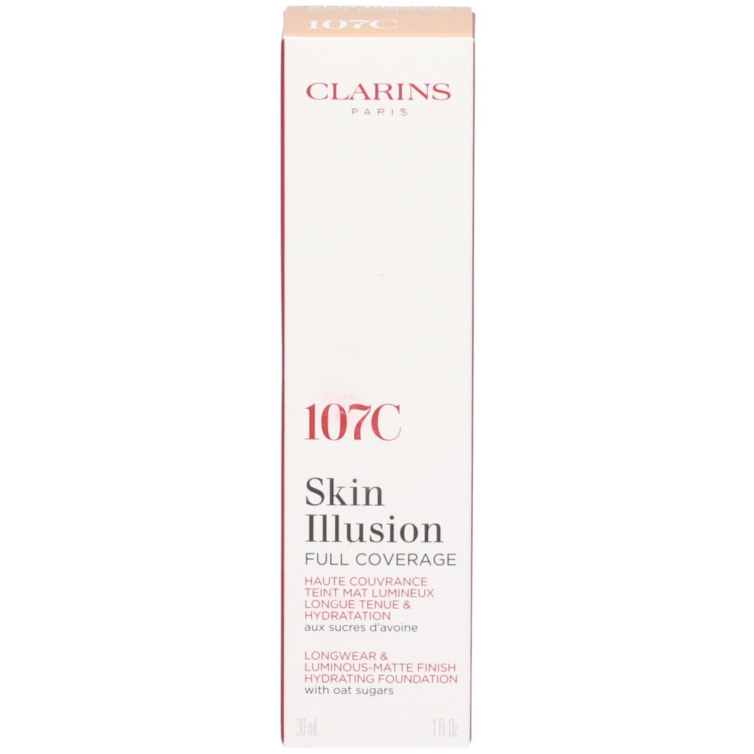 Verpakking van Clarins Skin Illusion Full Coverage Foundation, tint 107C.