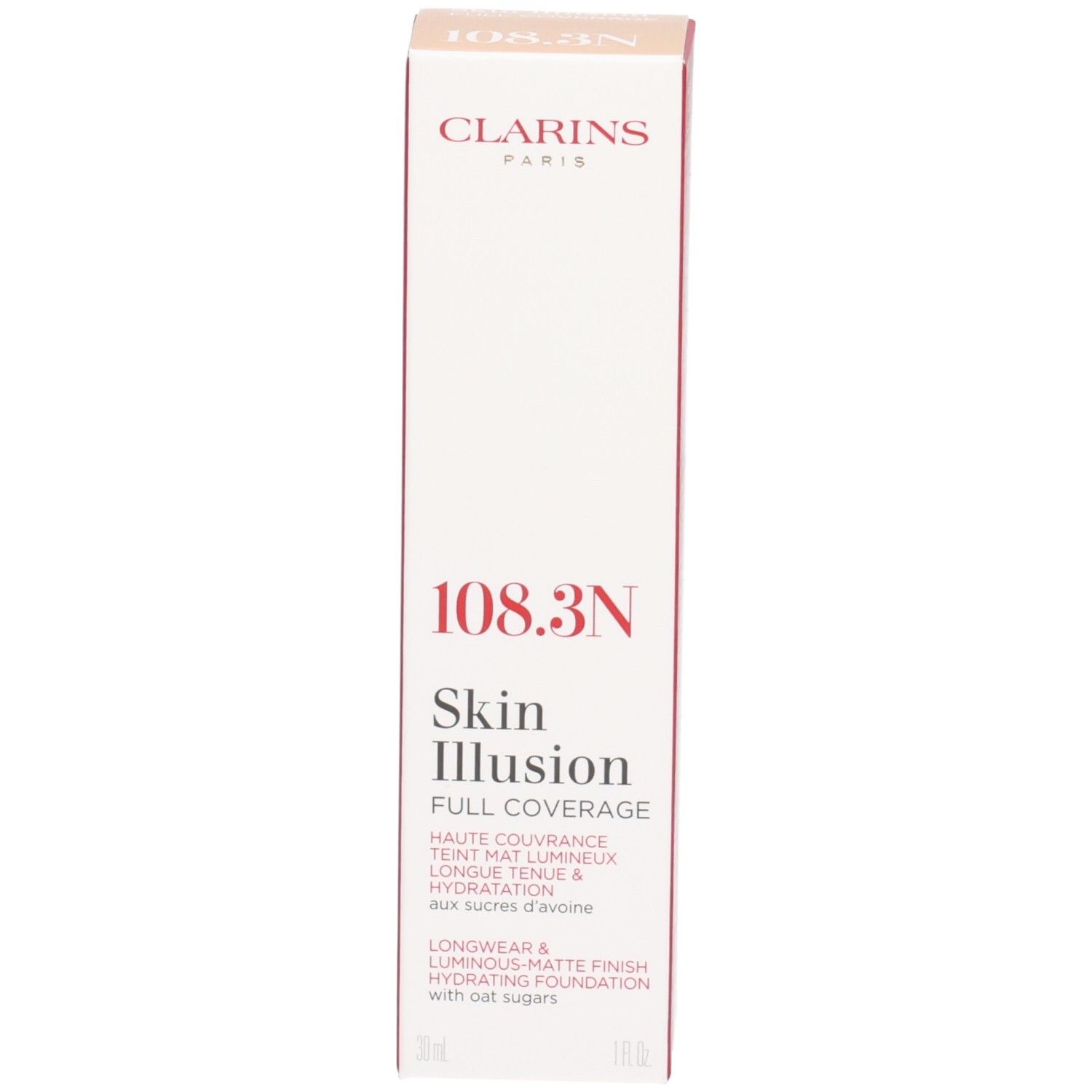 Emballage du fond de teint Clarins Skin Illusion Full Coverage, teinte 108.3N.