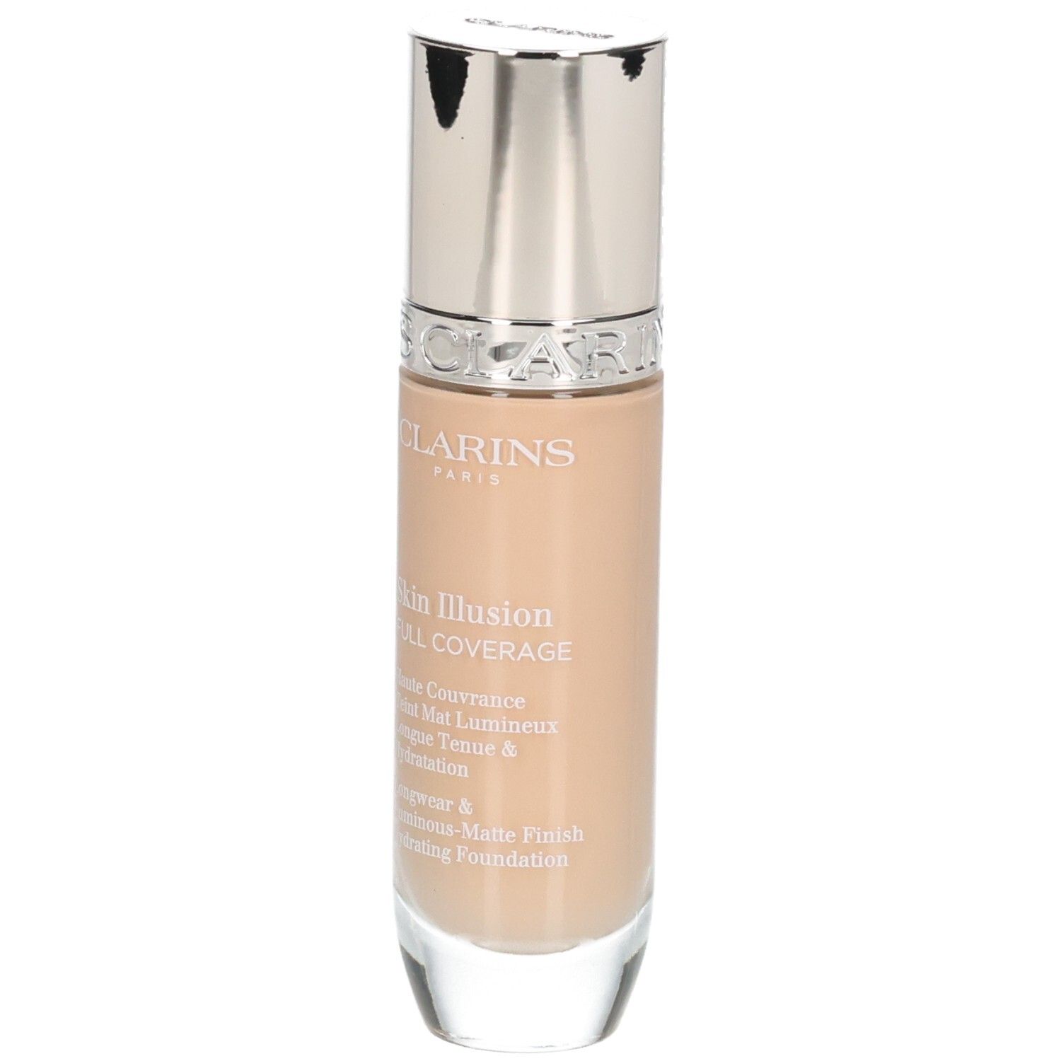 Fond de teint Clarins Skin Illusion Full Coverage dans un flacon en verre avec bouchon argenté.