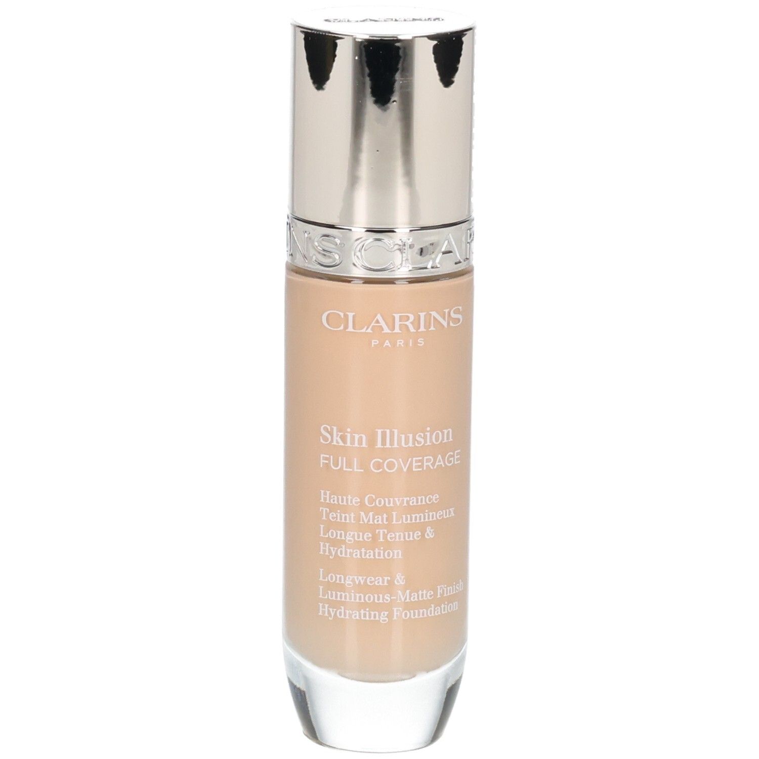 Fond de teint Clarins Skin Illusion Full Coverage dans un flacon en verre avec bouchon argenté.