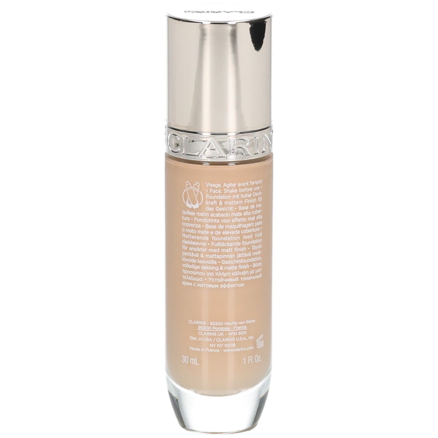 Fond de teint Clarins Skin Illusion Full Coverage, flacon en verre avec pompe et boîte.