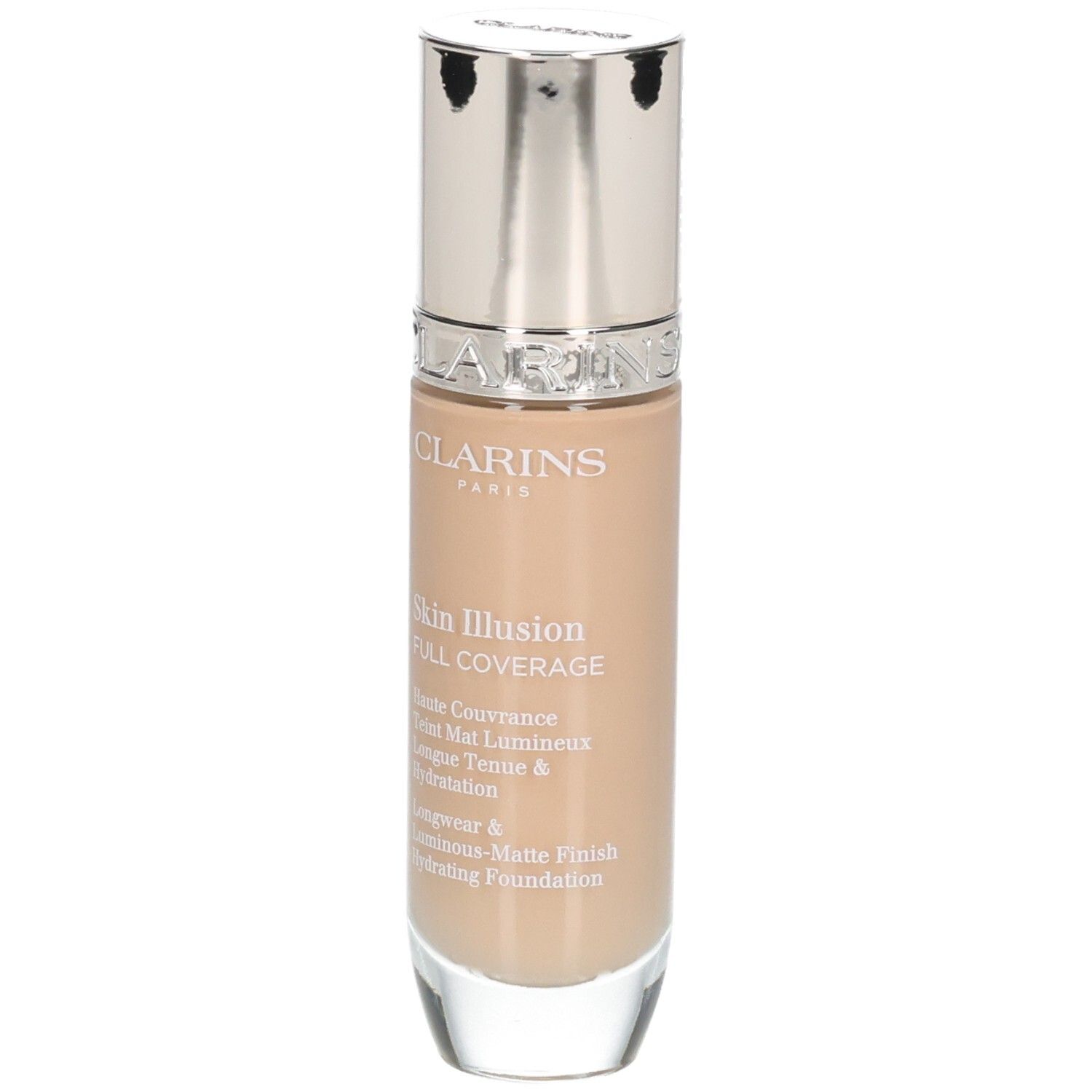 Fond de teint Clarins Skin Illusion Full Coverage dans un flacon en verre avec pompe, vue de face.