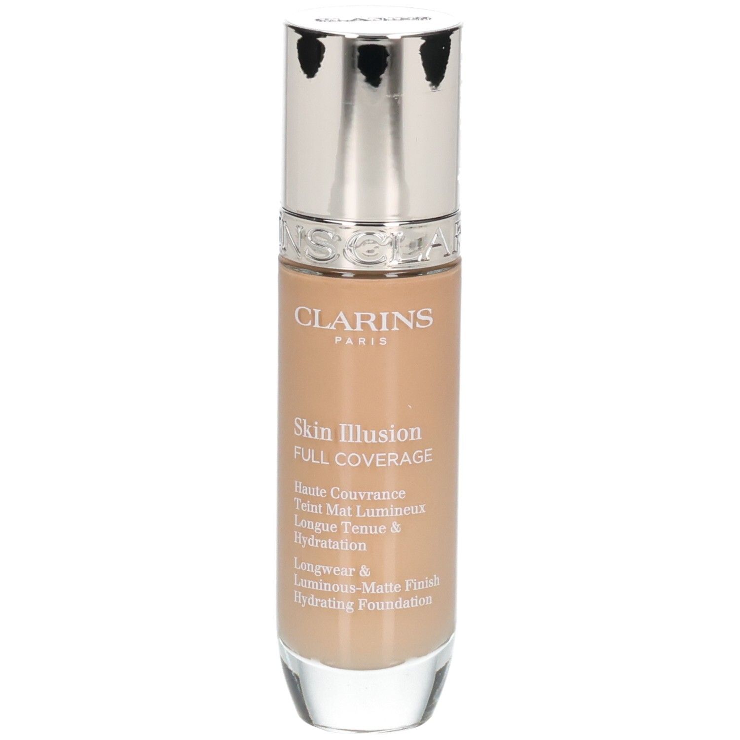Fond de teint Clarins Skin Illusion Full Coverage, teinte 112.3N, en flacon de verre avec bouchon argenté.