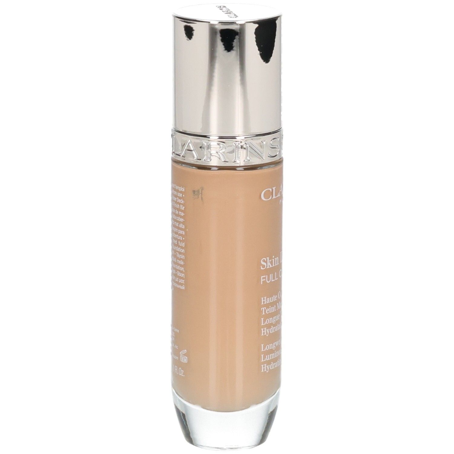 Fond de teint Clarins Skin Illusion Full Coverage, teinte 112.3N, arrière du flacon de verre avec bouchon argenté.