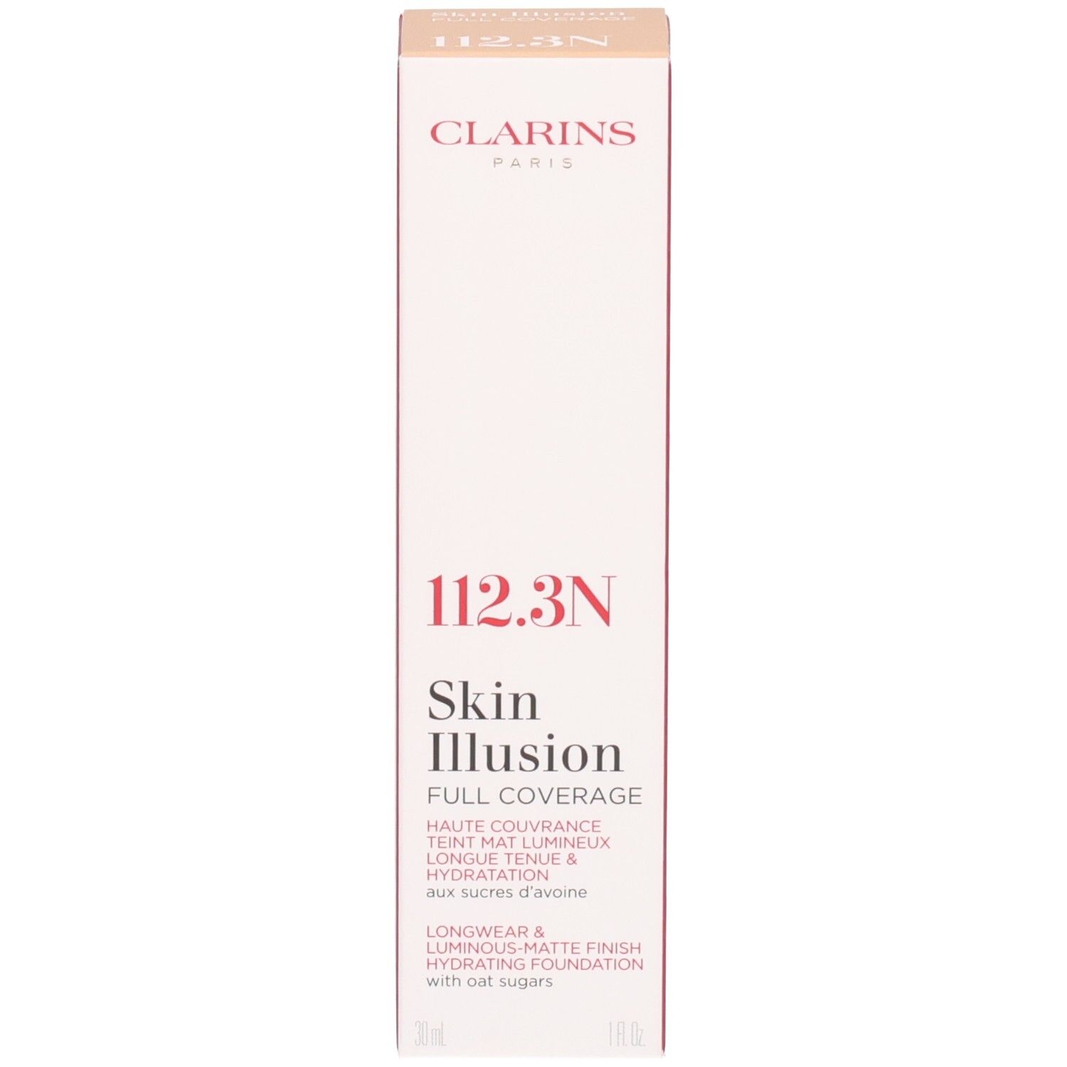 Fond de teint Clarins Skin Illusion Full Coverage, teinte 112.3N, boîte.