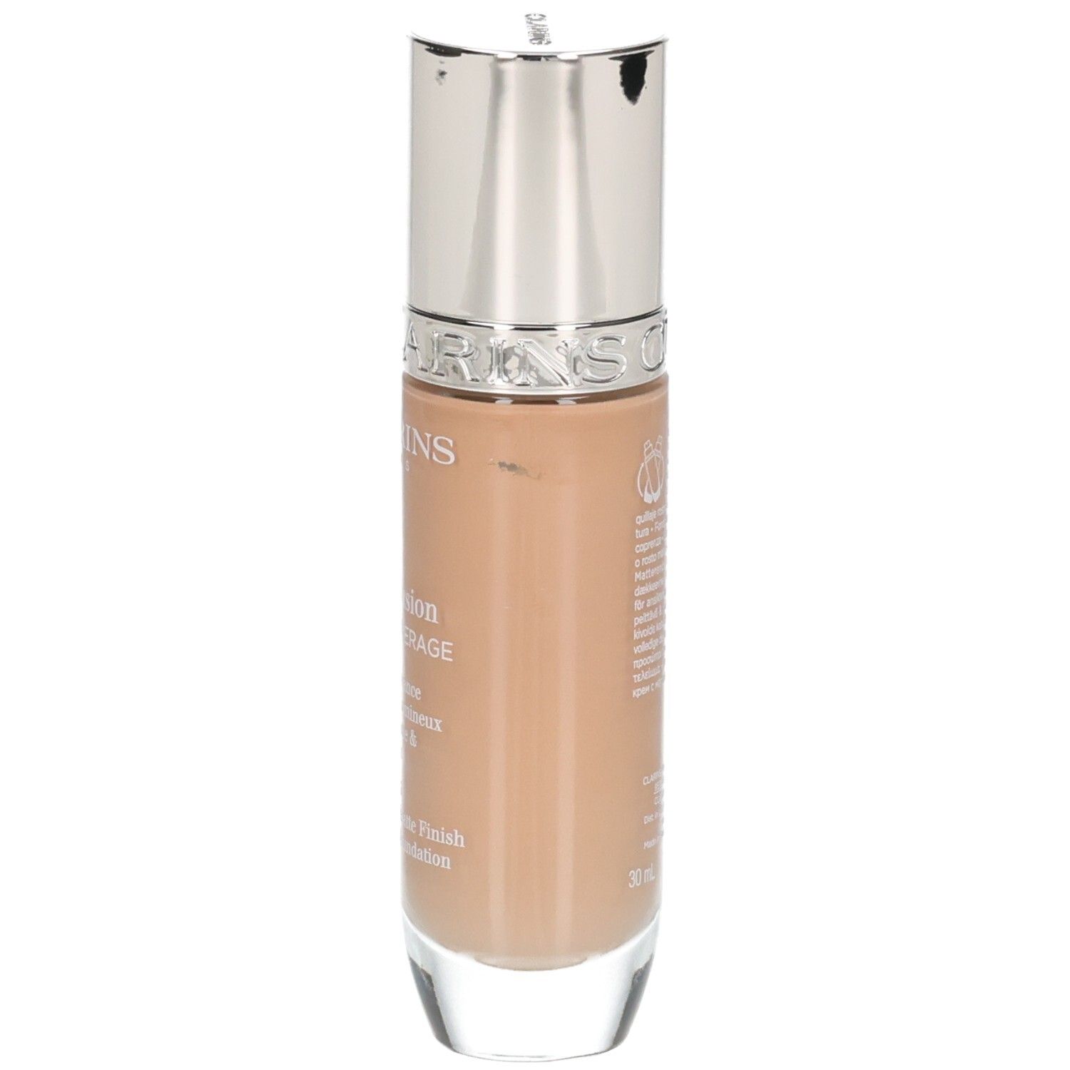 Clarins Skin Illusion Full Coverage Fond de teint, flacon avec distributeur argenté.