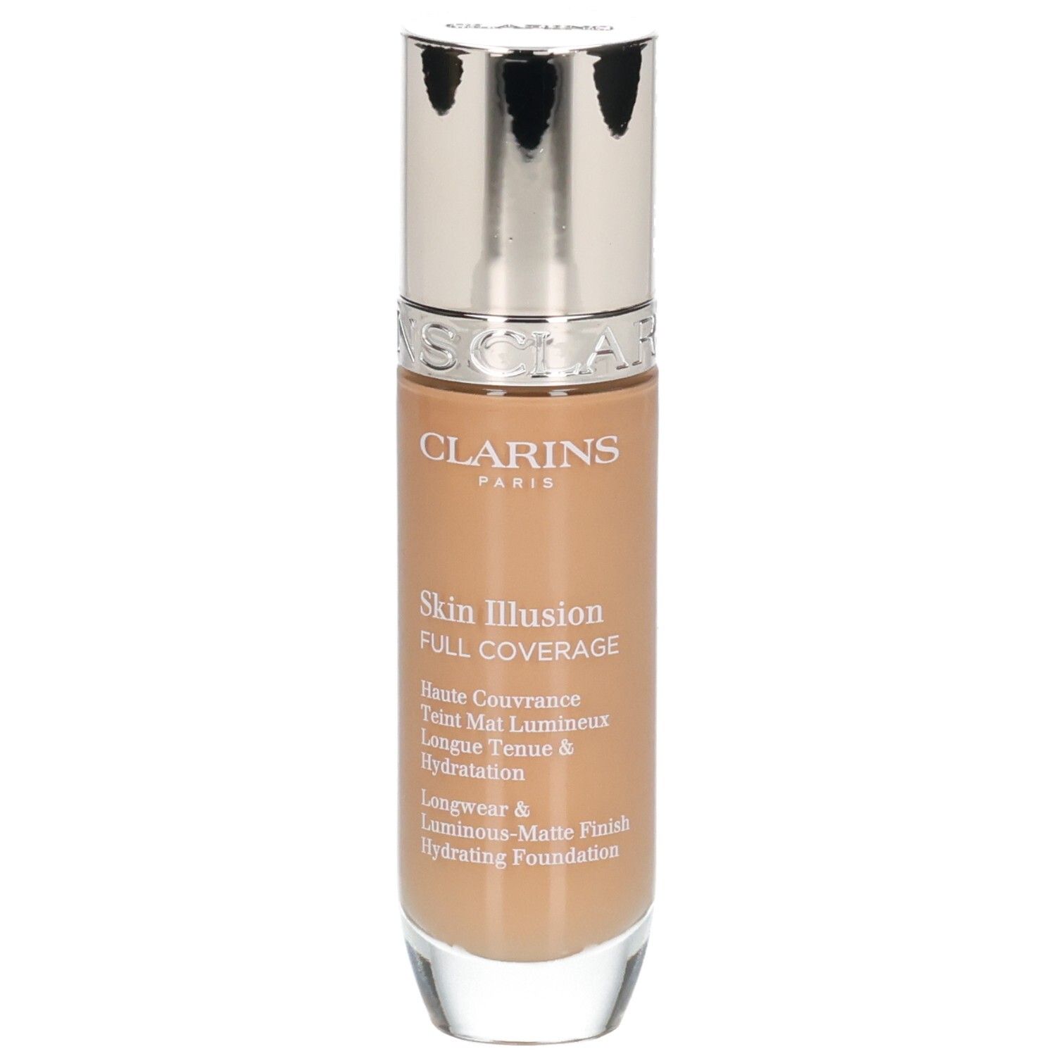 Fond de teint Clarins Skin Illusion Full Coverage teinte 113C. Flacon en verre avec bouchon argenté.