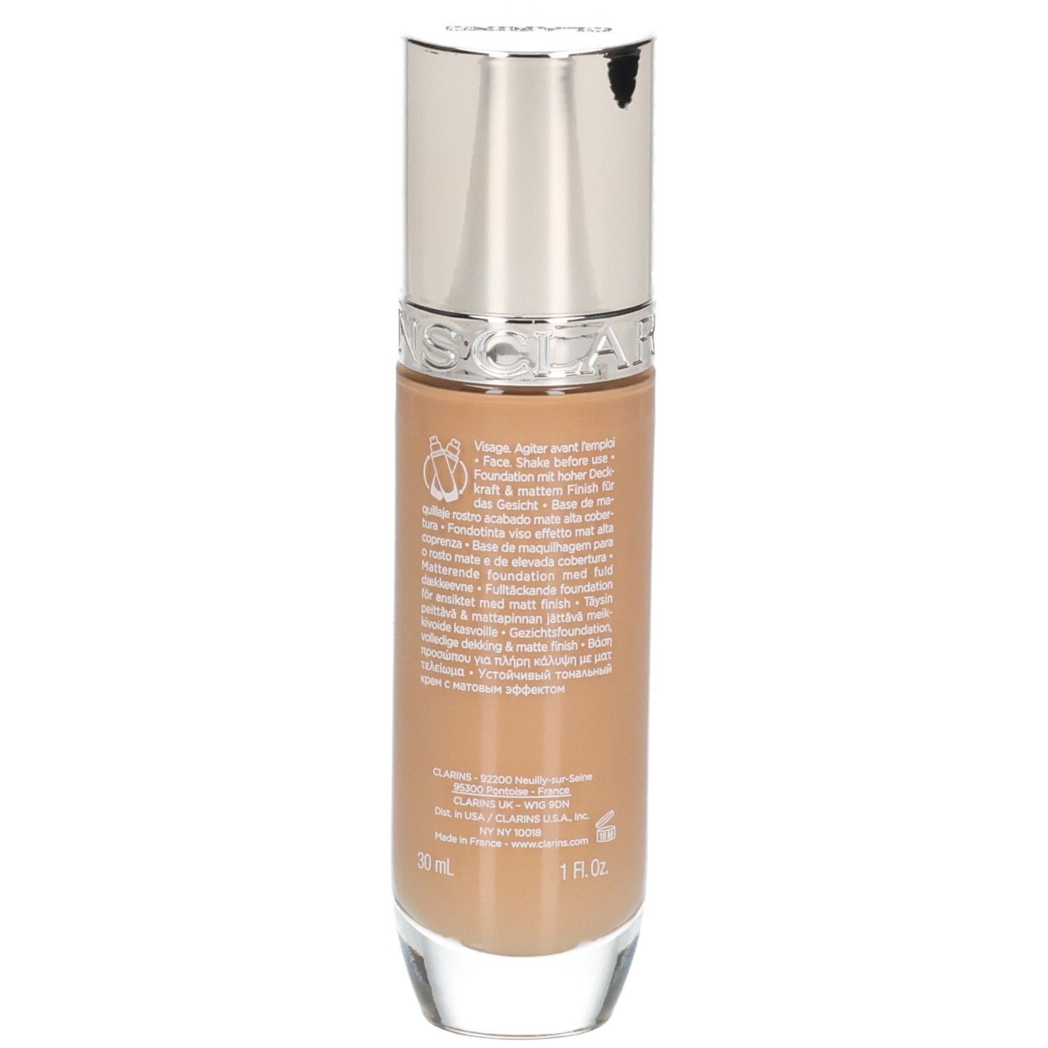 Fond de teint Clarins Skin Illusion Full Coverage, vue latérale avec instructions d'utilisation détaillées.