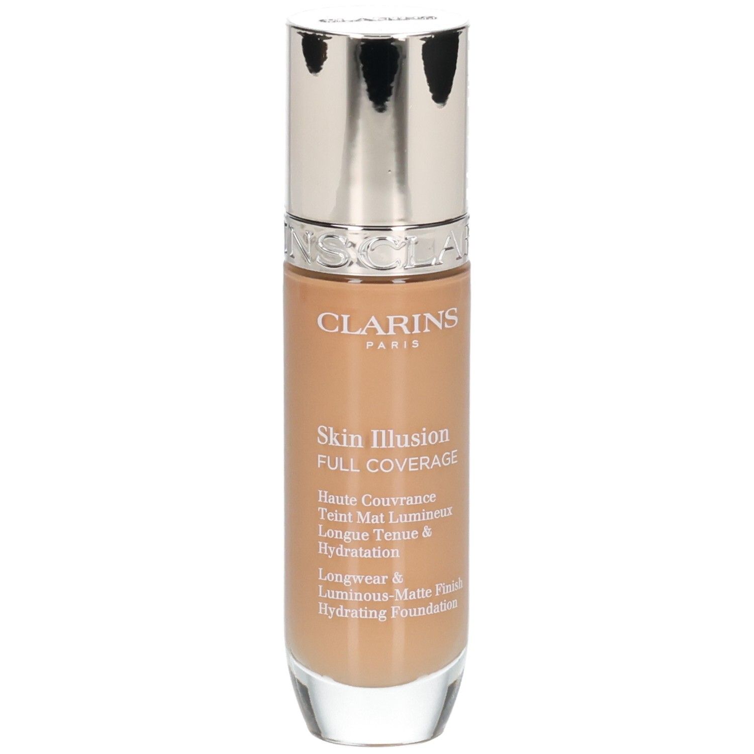Fond de teint Clarins Skin Illusion Full Coverage, flacon avec bouchon applicateur argenté.