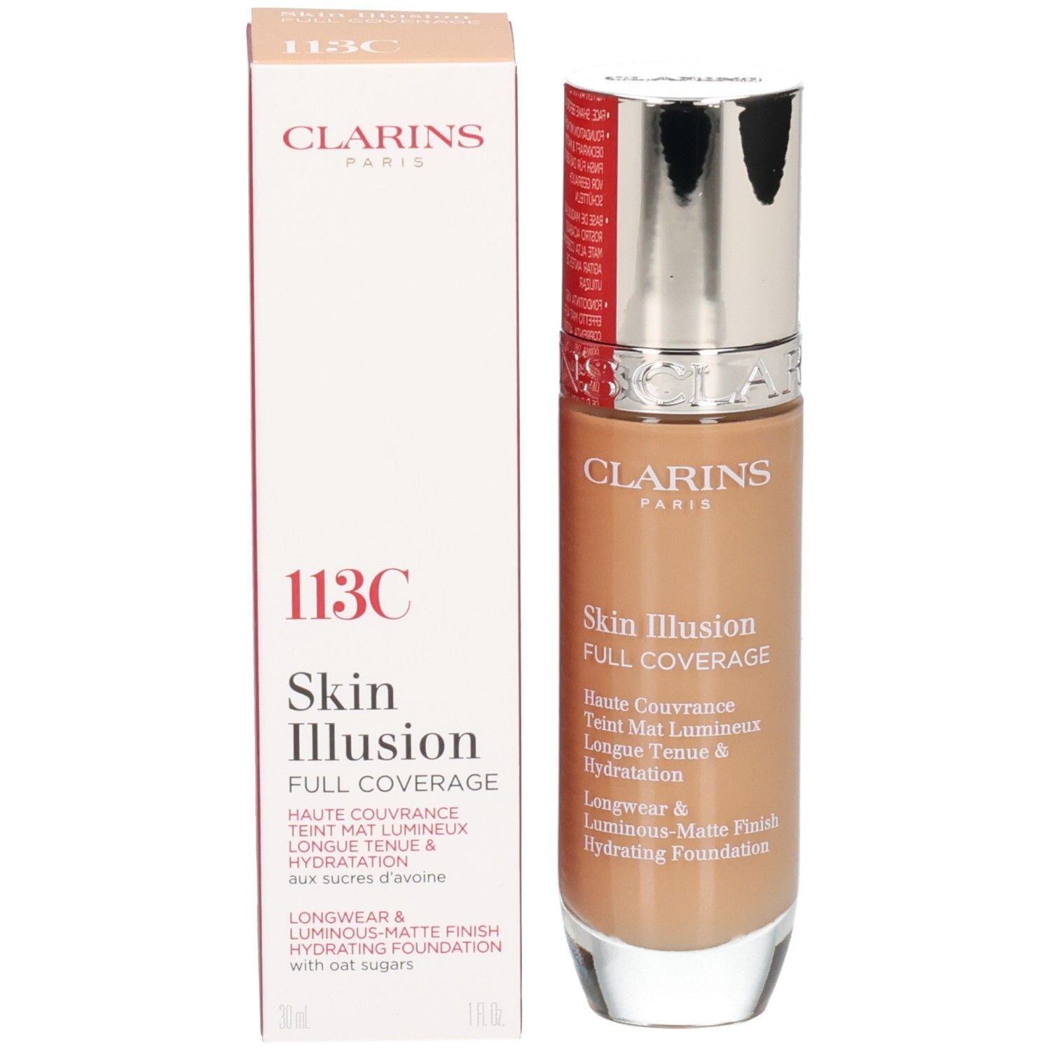 Fond de teint Clarins Skin Illusion Full Coverage 113C et son emballage.