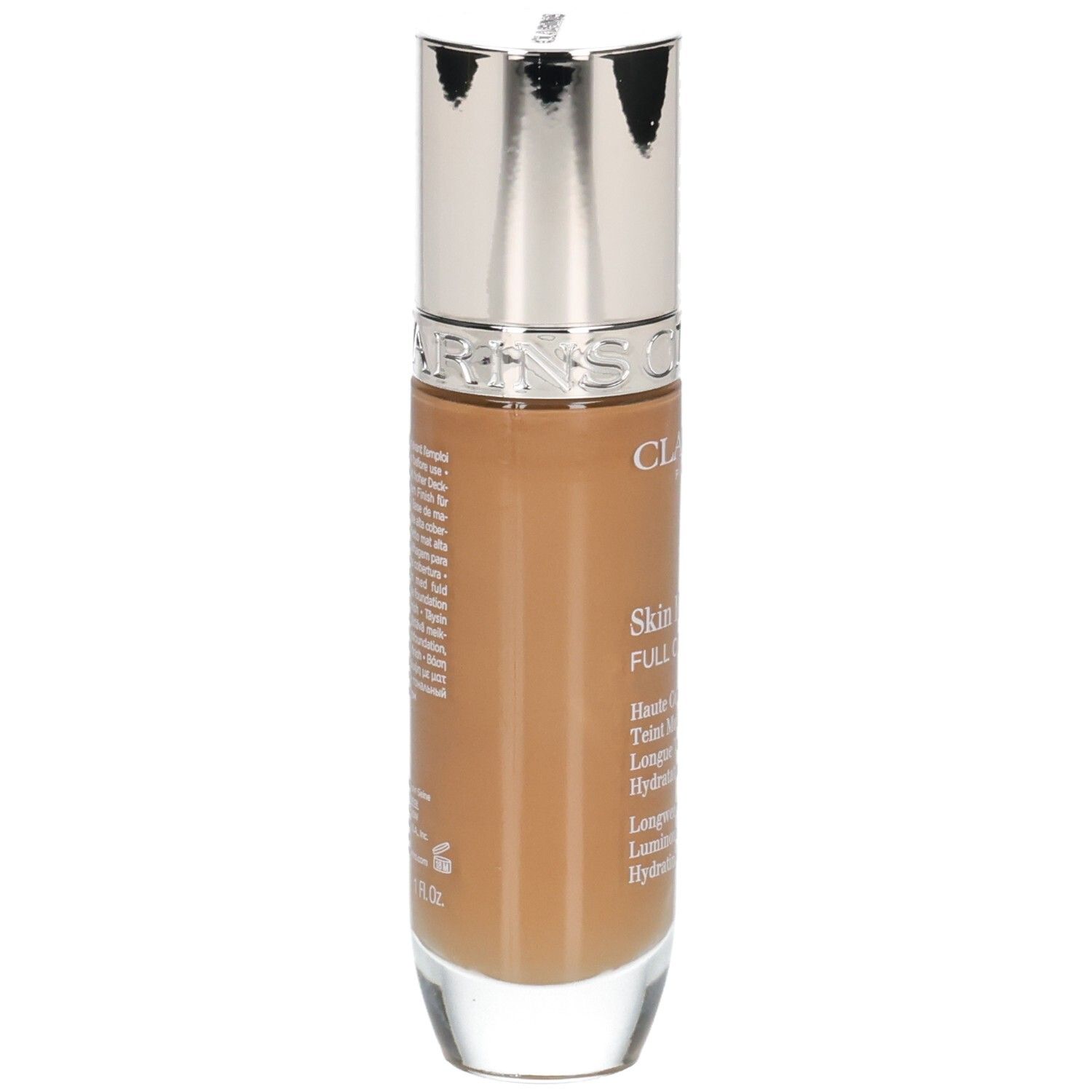 Clarins Skin Illusion Full Coverage Foundation 116.5W. Zijaanzicht van de fles met zilveren dop.
