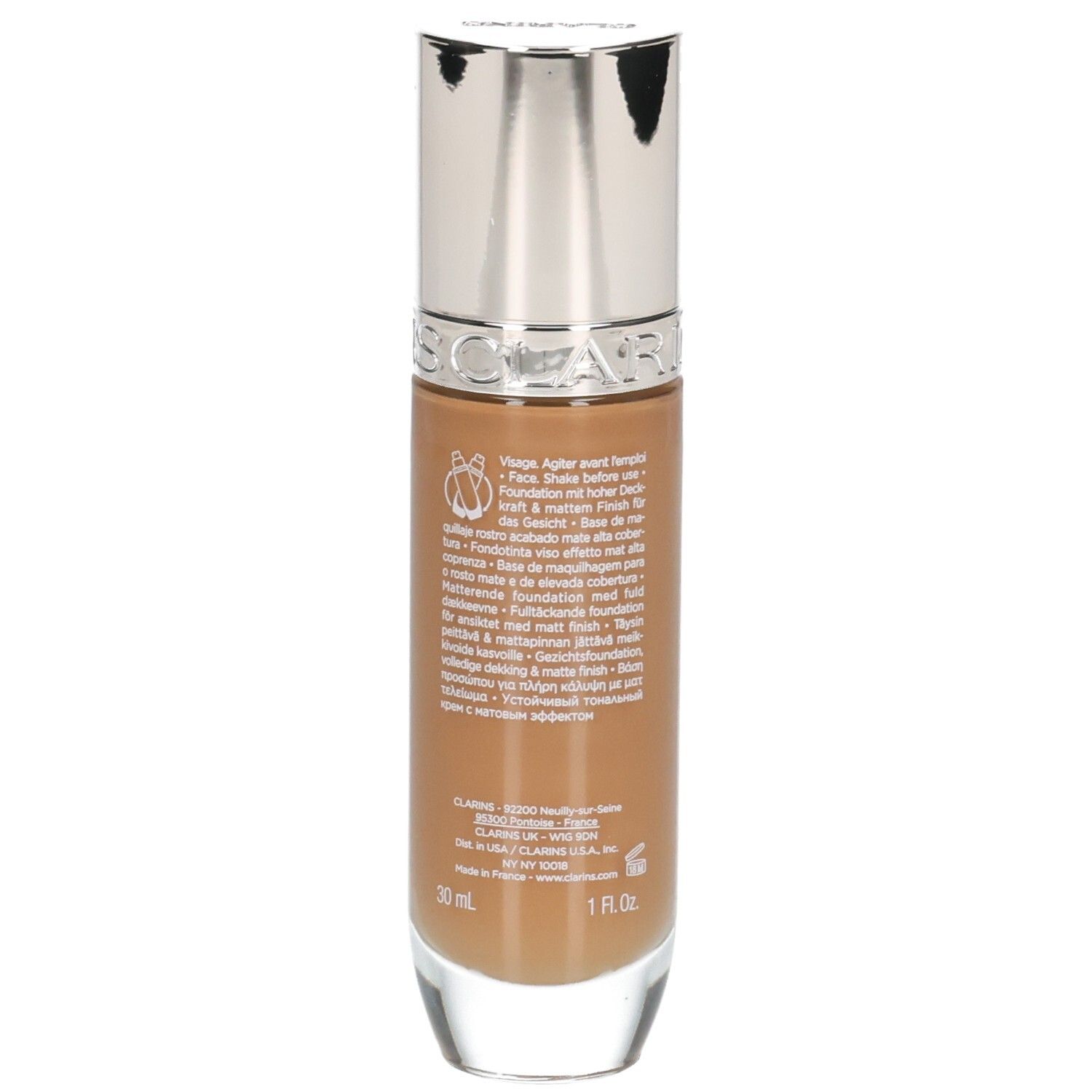 Clarins Skin Illusion Full Coverage Foundation 116.5W. Achterkant van de fles met productinformatie en 30ml aanduiding.