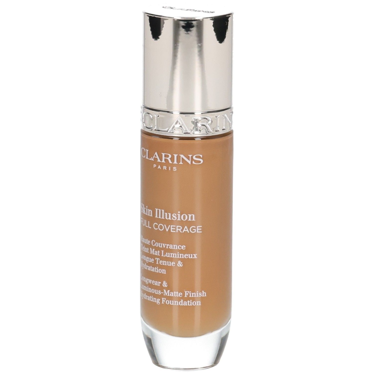 Clarins Skin Illusion Full Coverage Foundation 116.5W. Fles met zilveren dop, vooraanzicht.
